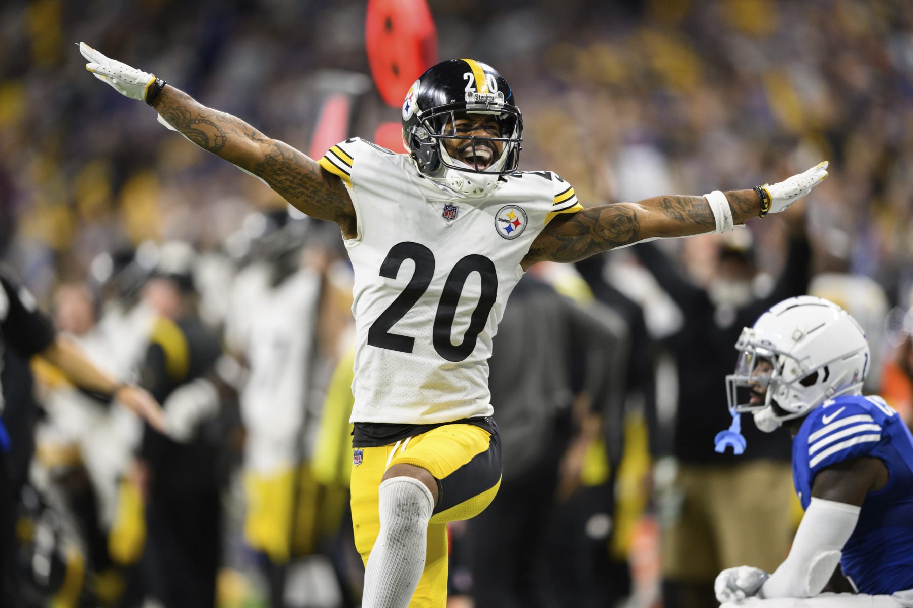 Pittsburgh Steelers cornerback Cameron Sutton (20) celebrates after breaking up a pass during an NFL football game against the Indianapolis Colts, Monday, Nov. 28, 2022, in Indianapolis. (AP Photo/Zach Bolinger)