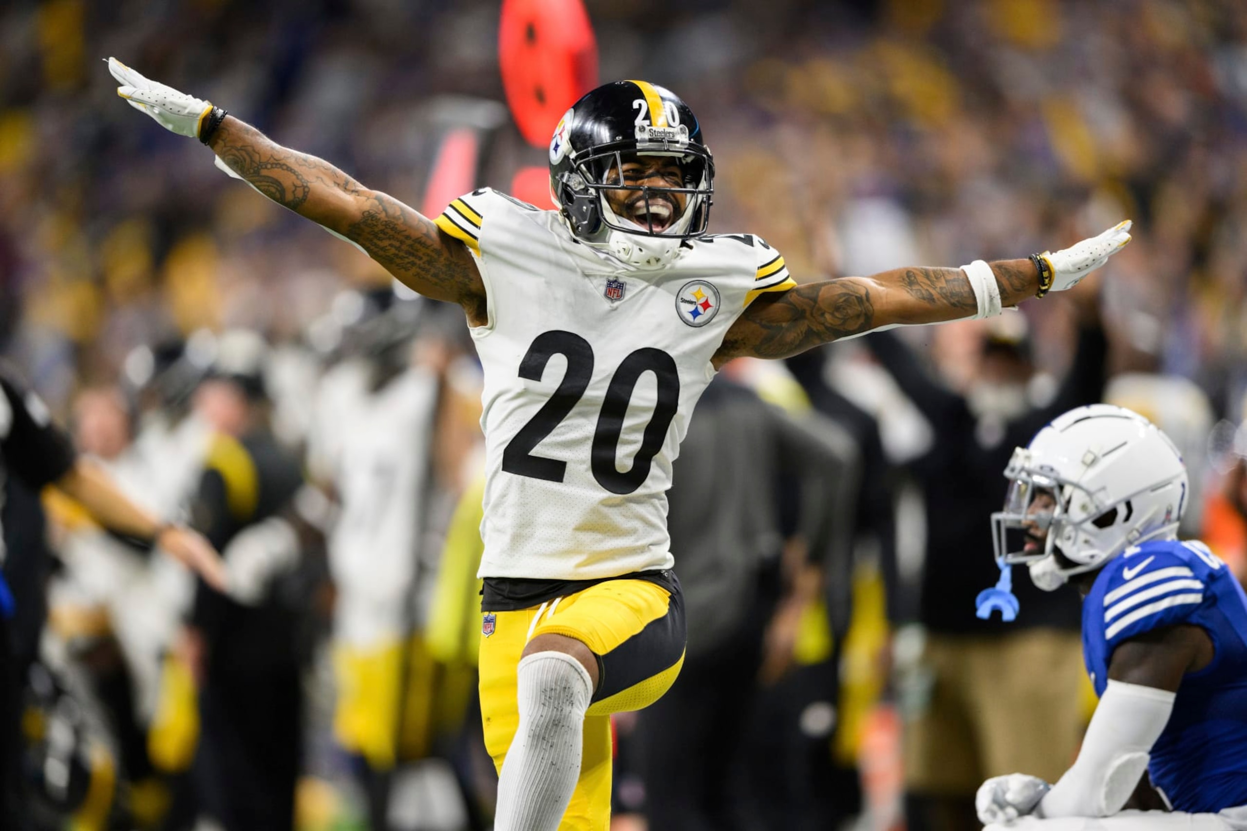 Pittsburgh Steelers cornerback Cameron Sutton (20) celebrates after breaking up a pass during an NFL football game against the Indianapolis Colts, Monday, Nov. 28, 2022, in Indianapolis. (AP Photo/Zach Bolinger)
