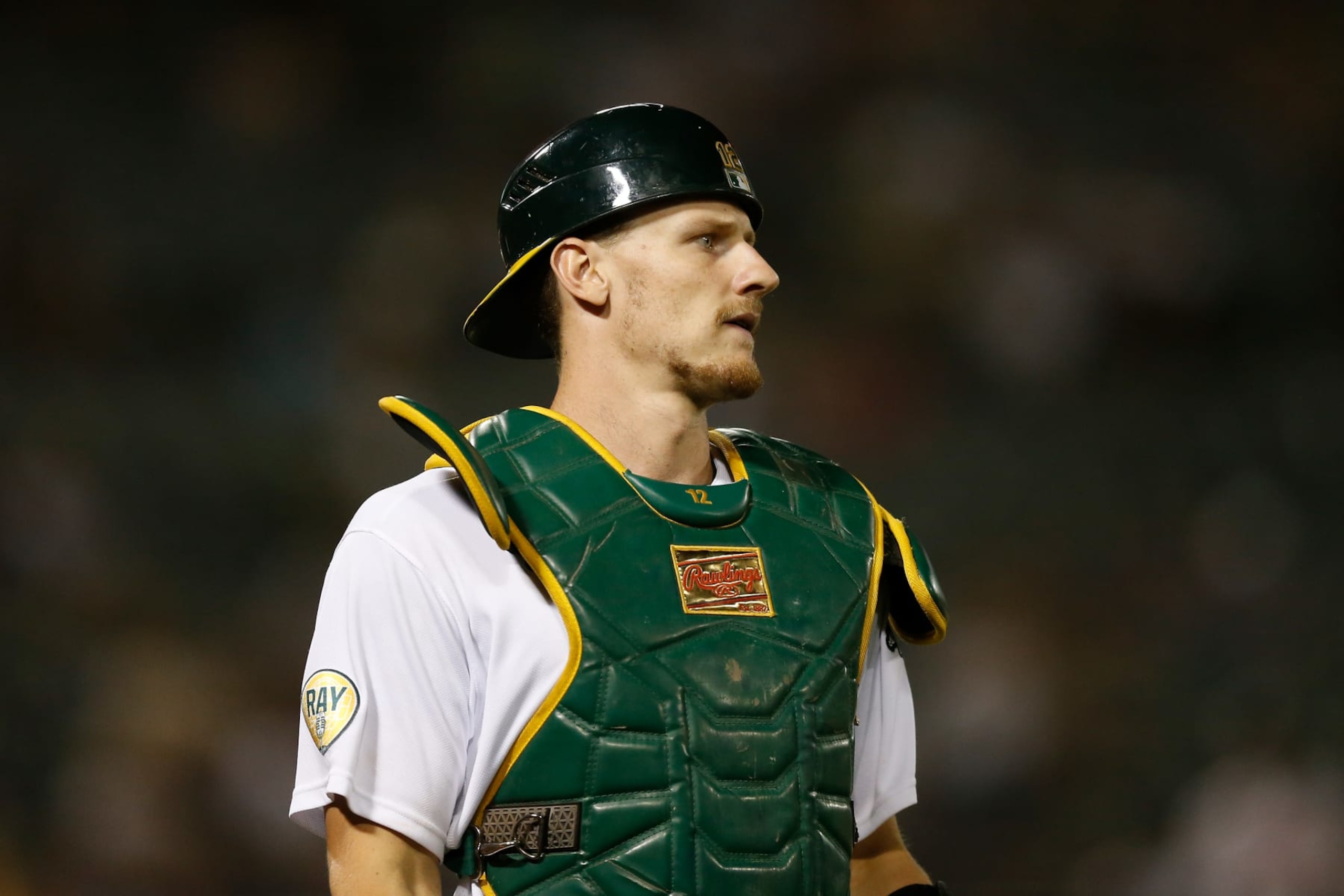 OAKLAND, CALIFORNIA - SEPTEMBER 06: Catcher Sean Murphy #12 of the Oakland Athletics looks on during the game against the Atlanta Braves at RingCentral Coliseum on September 06, 2022 in Oakland, California. (Photo by Lachlan Cunningham/Getty Images)