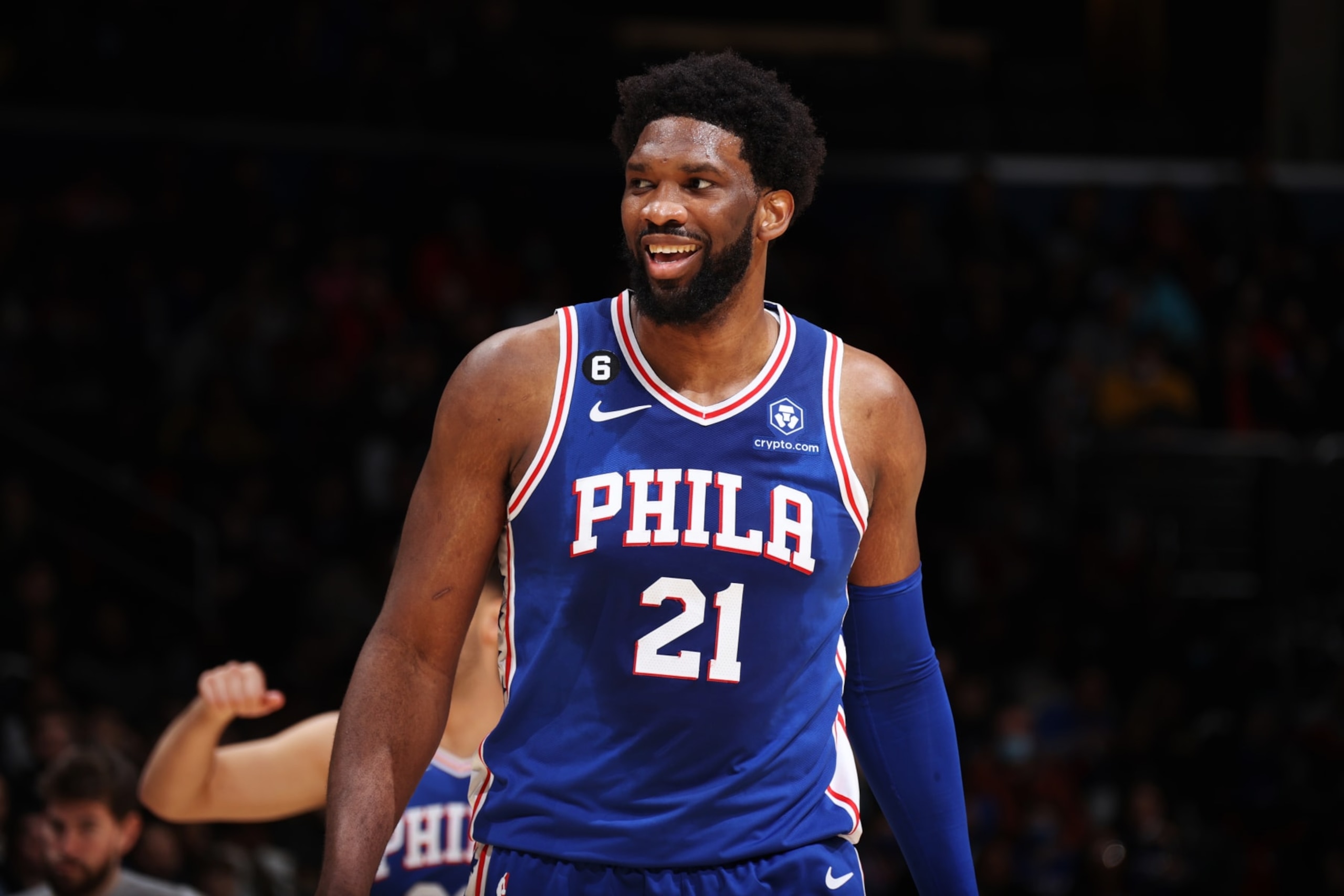WASHINGTON, DC -  DECEMBER 27: Joel Embiid #21 of the Philadelphia 76ers smiles during the game against the Washington Wizards on December 27, 2022 at Capital One Arena in Washington, DC. NOTE TO USER: User expressly acknowledges and agrees that, by downloading and or using this Photograph, user is consenting to the terms and conditions of the Getty Images License Agreement. Mandatory Copyright Notice: Copyright 2022 NBAE (Photo by Stephen Gosling/NBAE via Getty Images)