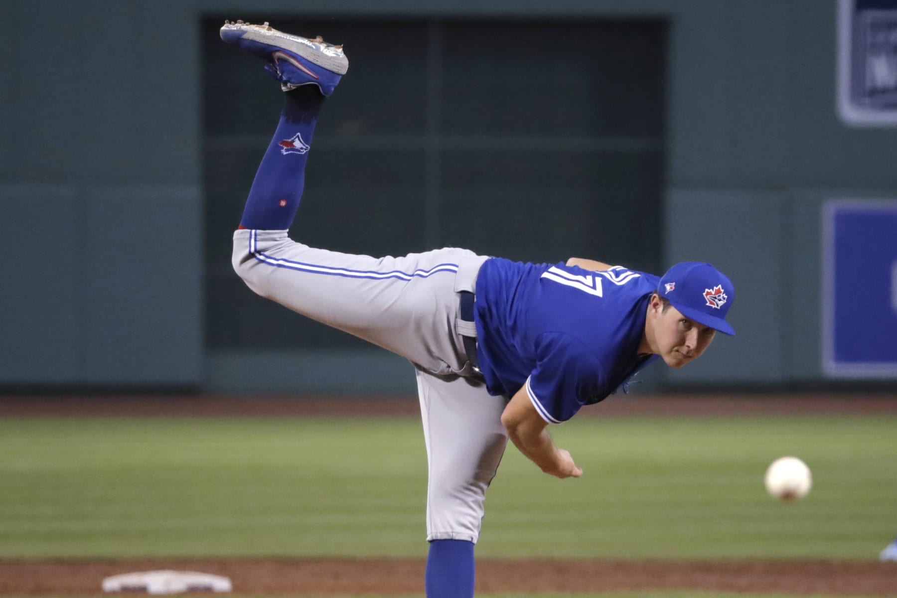 Toronto Blue Jays pitcher Nate Pearson delivers during an exhibition baseball game against the Boston Red Sox, Tuesday, July 21, 2020, at Fenway Park in Boston. (AP Photo/Charles Krupa)
