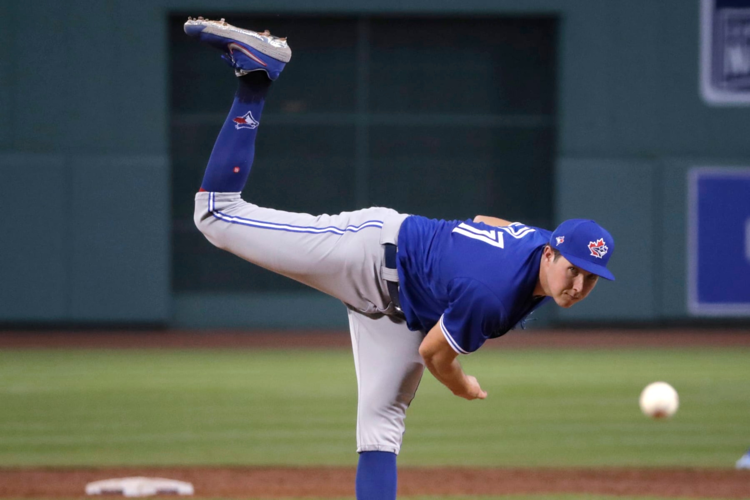 Toronto Blue Jays pitcher Nate Pearson delivers during an exhibition baseball game against the Boston Red Sox, Tuesday, July 21, 2020, at Fenway Park in Boston. (AP Photo/Charles Krupa)