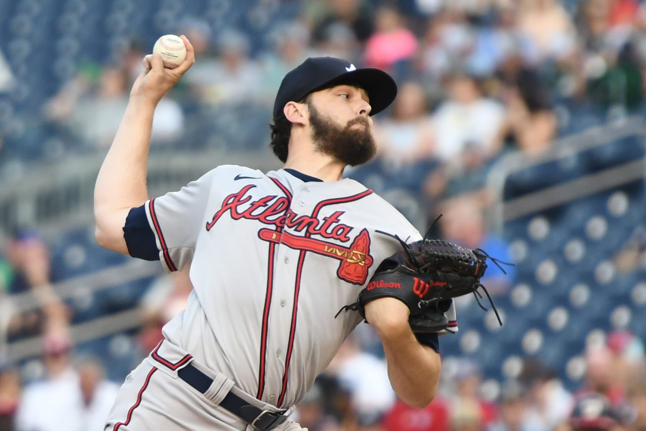 WASHINGTON, DC - JULY 15:  Ian Anderson #36 of the Atlanta Braves pitches in the first inning during a baseball game against the Washington Nationals at Nationals Park on July 15, 2022 in Washington, DC.  (Photo by Mitchell Layton/Getty Images)