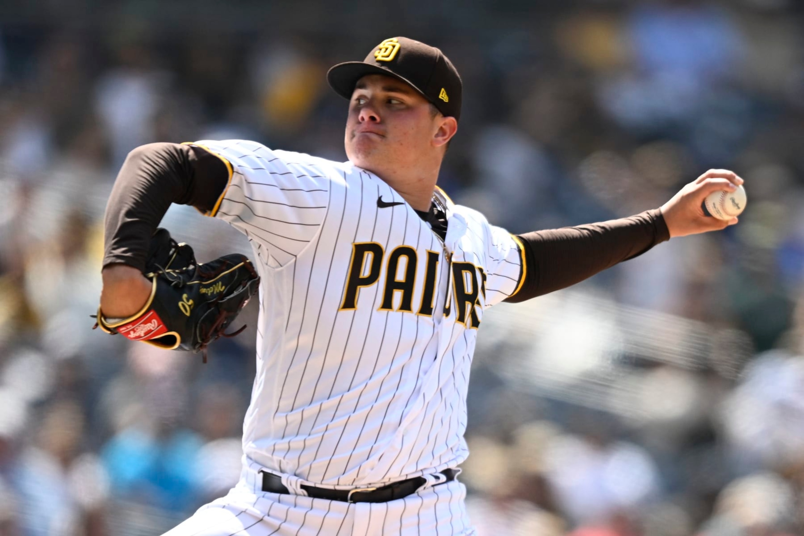 SAN DIEGO, CA - JUNE 22: Adrian Morejon #50 of the San Diego Padres pitches during the seventh inning of a baseball game against the Arizona Diamondbacks June 22, 2022 at Petco Park in San Diego, California. (Photo by Denis Poroy/Getty Images)
