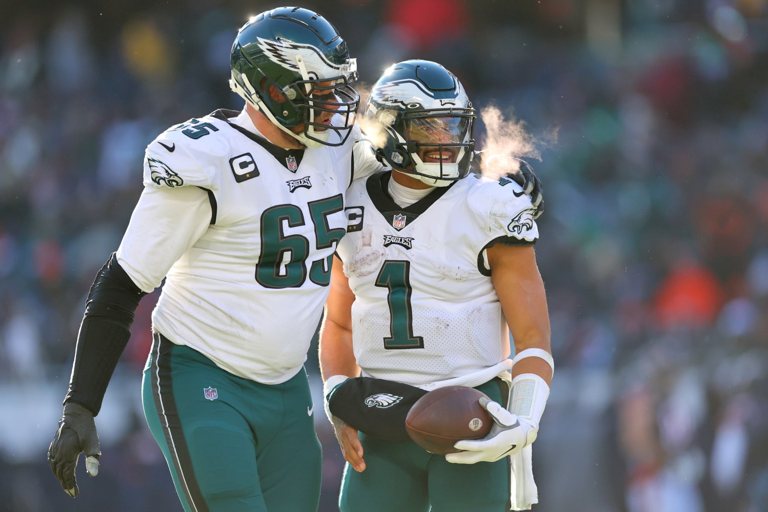 Lane Johnson and Jalen Hurts of the Philadelphia Eagles