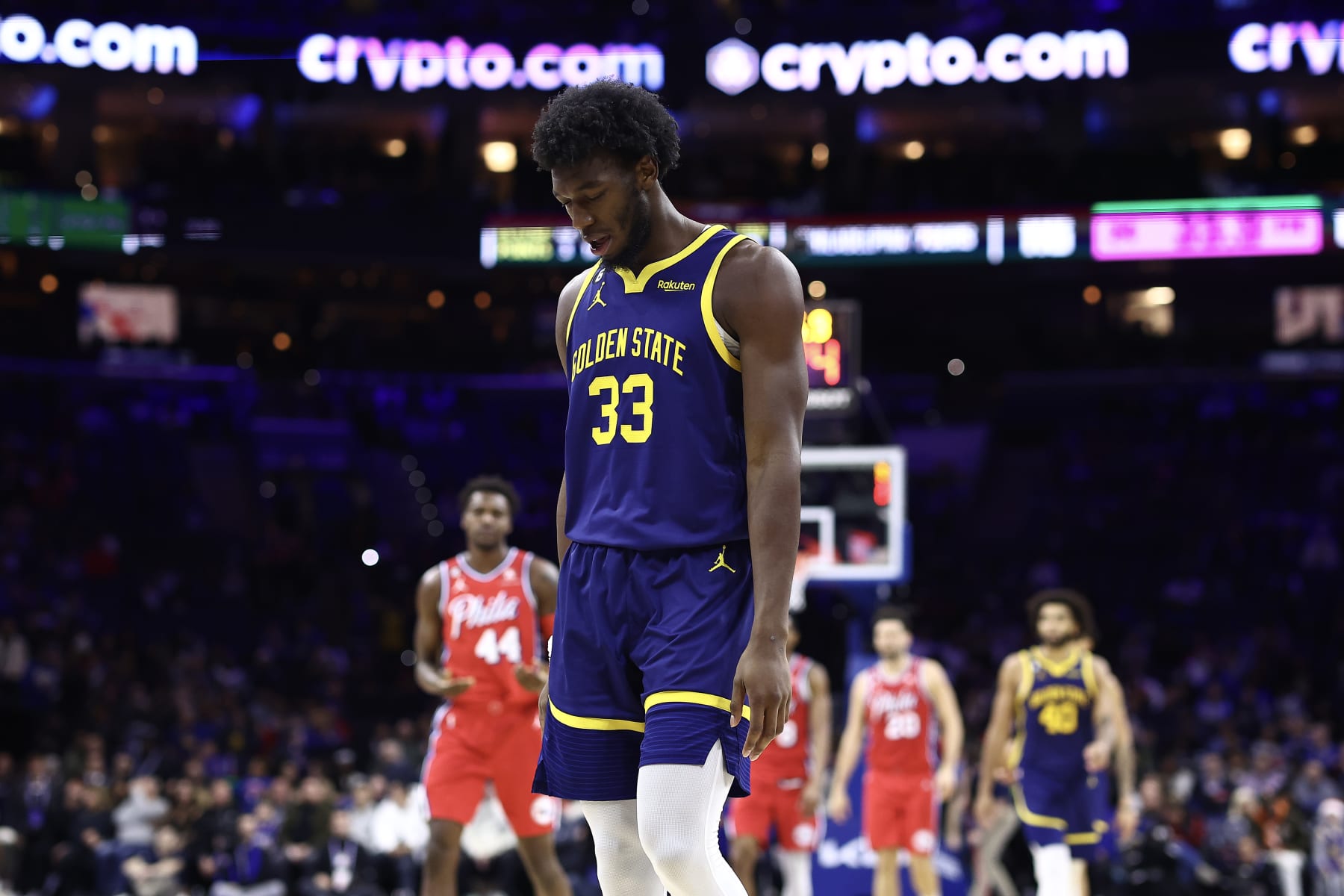 PHILADELPHIA, PENNSYLVANIA - DECEMBER 16: James Wiseman #33 of the Golden State Warriors reacts during the fourth quarter against the Philadelphia 76ers at Wells Fargo Center on December 16, 2022 in Philadelphia, Pennsylvania. NOTE TO USER: User expressly acknowledges and agrees that, by downloading and or using this photograph, User is consenting to the terms and conditions of the Getty Images License Agreement. (Photo by Tim Nwachukwu/Getty Images)