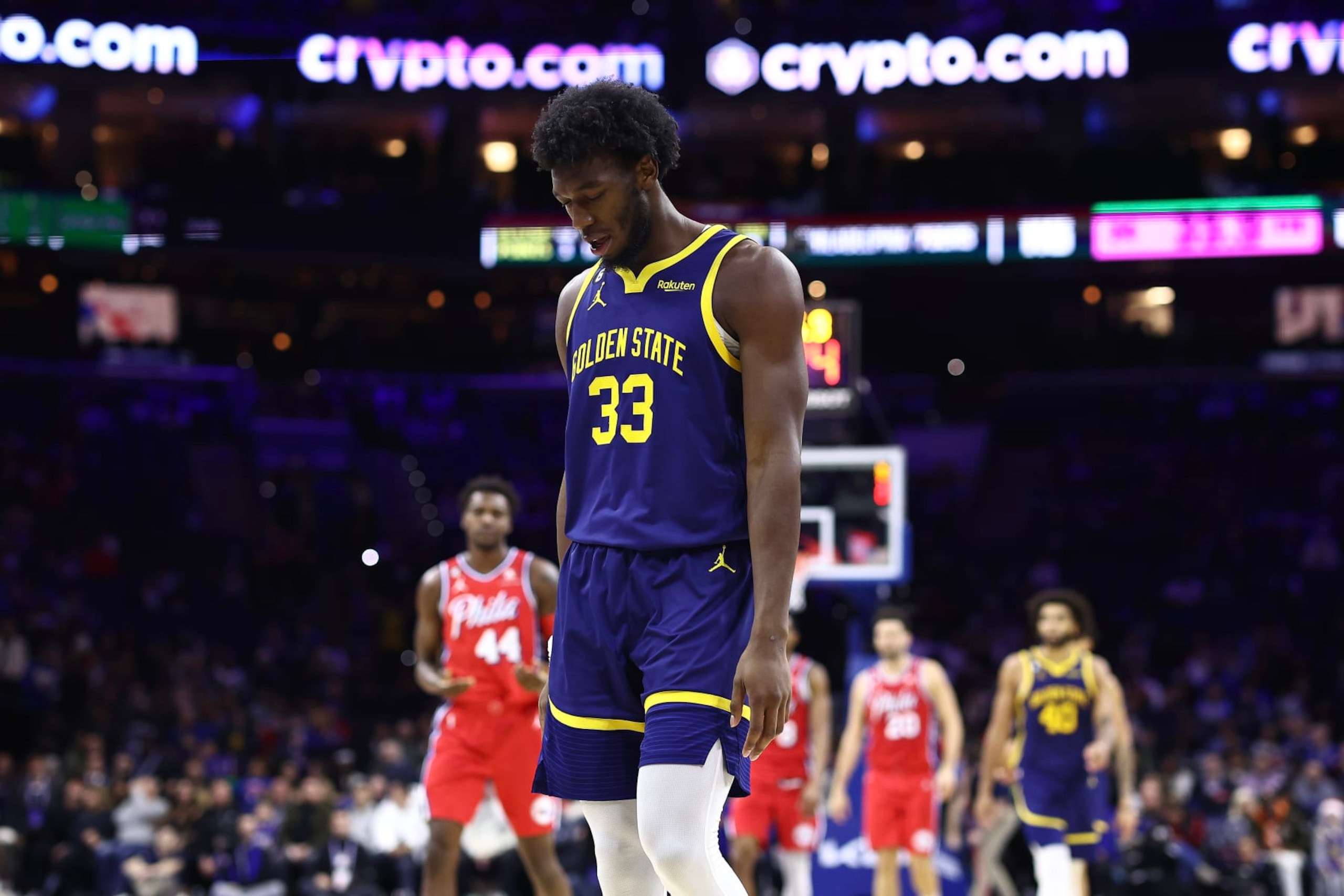 PHILADELPHIA, PENNSYLVANIA - DECEMBER 16: James Wiseman #33 of the Golden State Warriors reacts during the fourth quarter against the Philadelphia 76ers at Wells Fargo Center on December 16, 2022 in Philadelphia, Pennsylvania. NOTE TO USER: User expressly acknowledges and agrees that, by downloading and or using this photograph, User is consenting to the terms and conditions of the Getty Images License Agreement. (Photo by Tim Nwachukwu/Getty Images)
