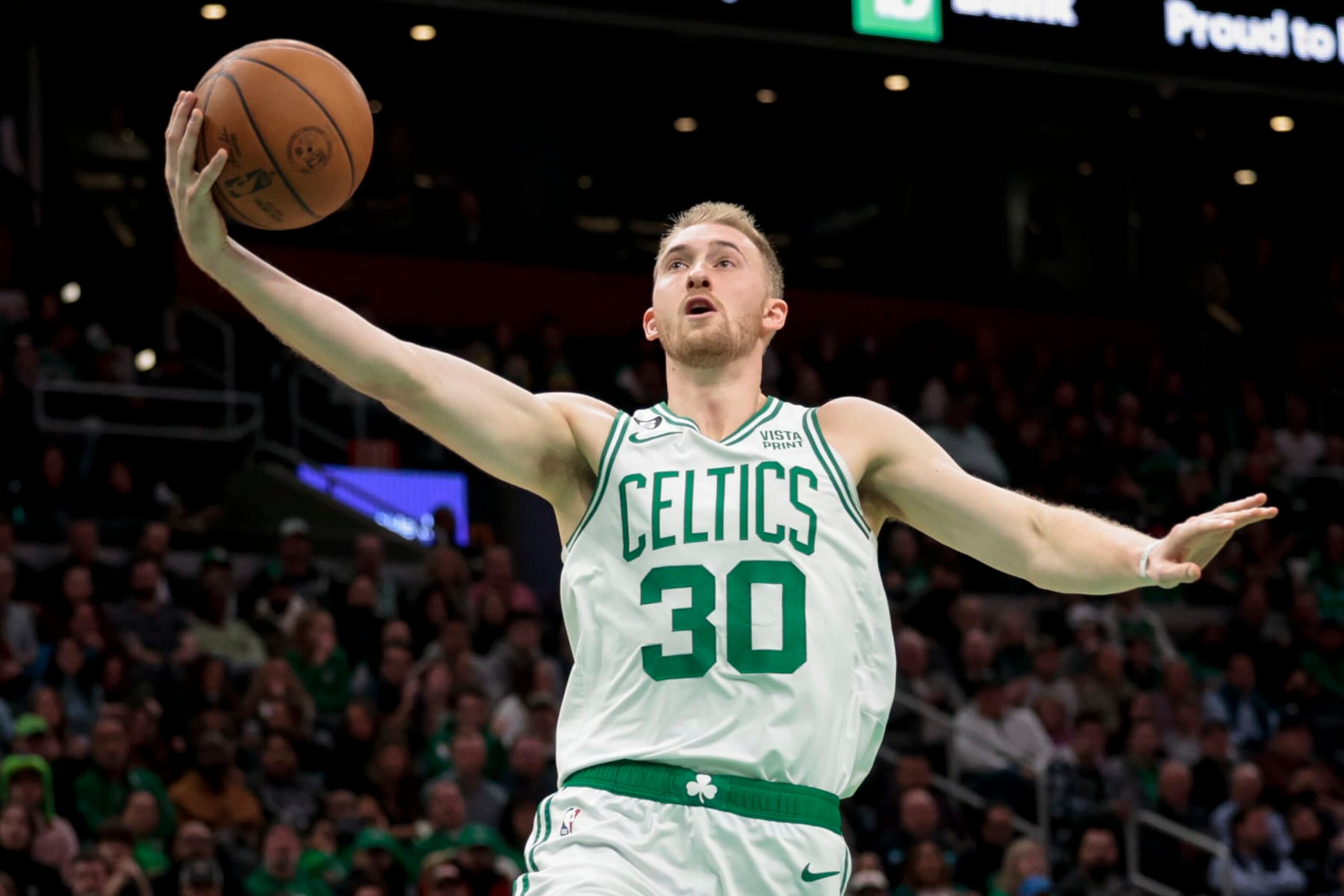 BOSTON, MA - NOVEMBER 28 Sam Hauser #30 of the Boston Celtics drives to the basket during a game against the Charlotte Hornets at TD Garden on November 28, 2022 in Boston, Massachusetts. NOTE TO USER: User expressly acknowledges and agrees that, by downloading and or using this photograph, User is consenting to the terms and conditions of the Getty Images License Agreement. (Photo by Adam Glanzman/Getty Images) BOSTON, MA - NOVEMBER 28 Sam Hauser #30 of the Boston Celtics drives to the basket during a game against the Charlotte Hornets at TD Garden on November 28, 2022 in Boston, Massachusetts. NOTE TO USER: User expressly acknowledges and agrees that, by downloading and or using this photograph, User is consenting to the terms and conditions of the Getty Images License Agreement. (Photo by Adam Glanzman/Getty Images)