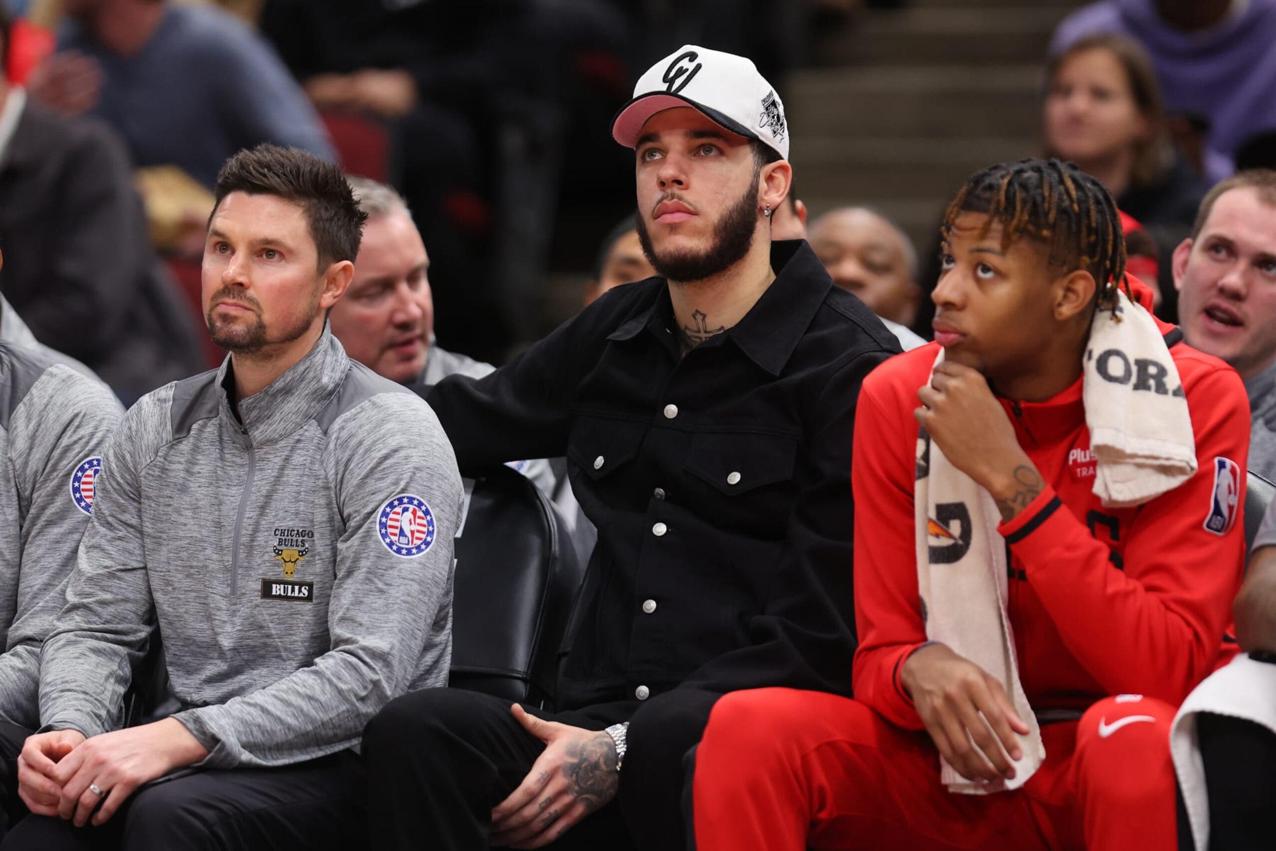 CHICAGO, ILLINOIS - NOVEMBER 09: Lonzo Ball #2 of the Chicago Bulls looks on during the first half against the New Orleans Pelicans at United Center on November 09, 2022 in Chicago, Illinois. NOTE TO USER: User expressly acknowledges and agrees that, by downloading and or using this photograph, User is consenting to the terms and conditions of the Getty Images License Agreement.  (Photo by Michael Reaves/Getty Images)