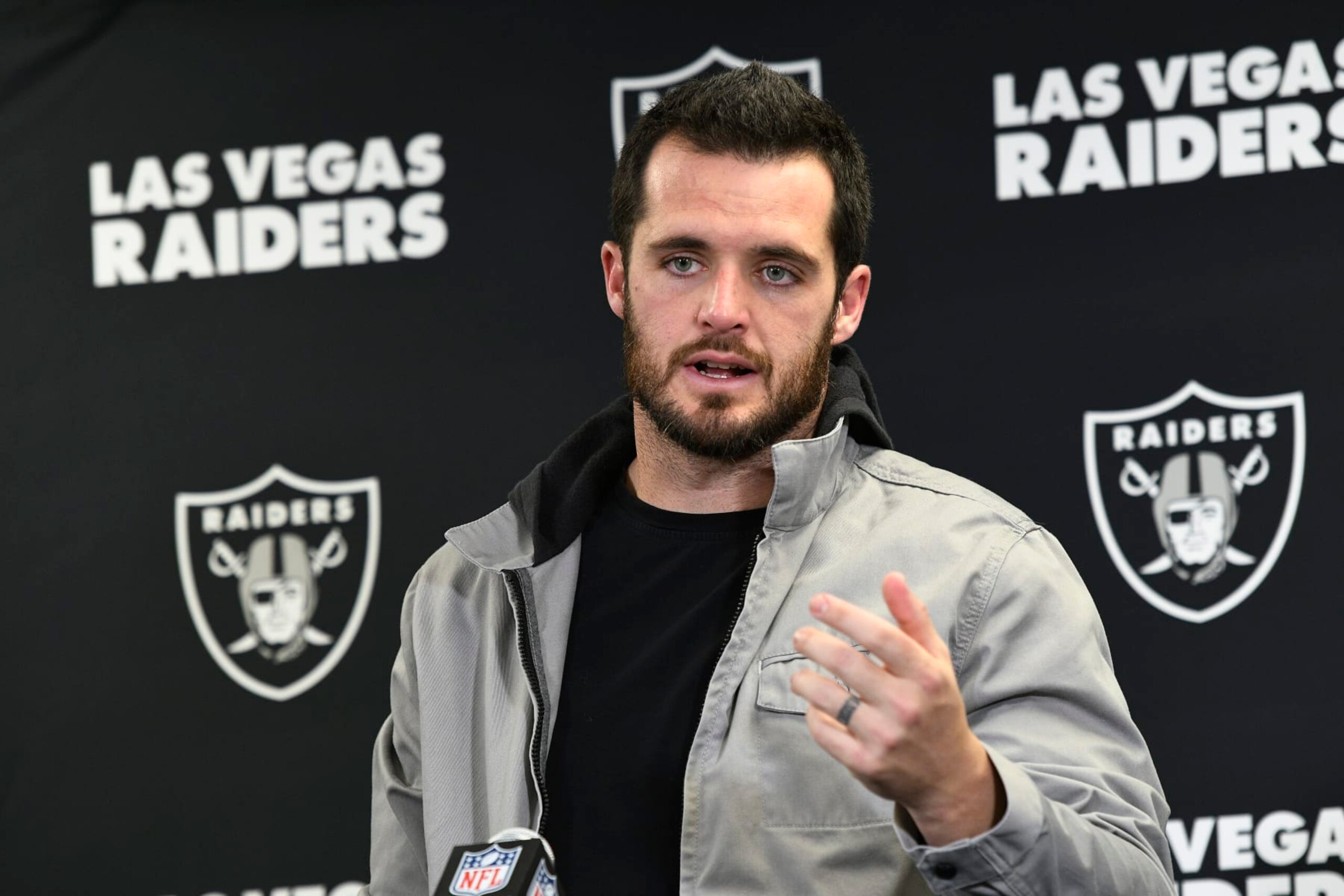 Las Vegas Raiders quarterback Derek Carr meets with reporters after an NFL football game in Pittsburgh, Saturday, Dec. 24, 2022. The Steelers won 13-10. (AP Photo/Don Wright) Las Vegas Raiders quarterback Derek Carr meets with reporters after an NFL football game in Pittsburgh, Saturday, Dec. 24, 2022. The Steelers won 13-10. (AP Photo/Don Wright)