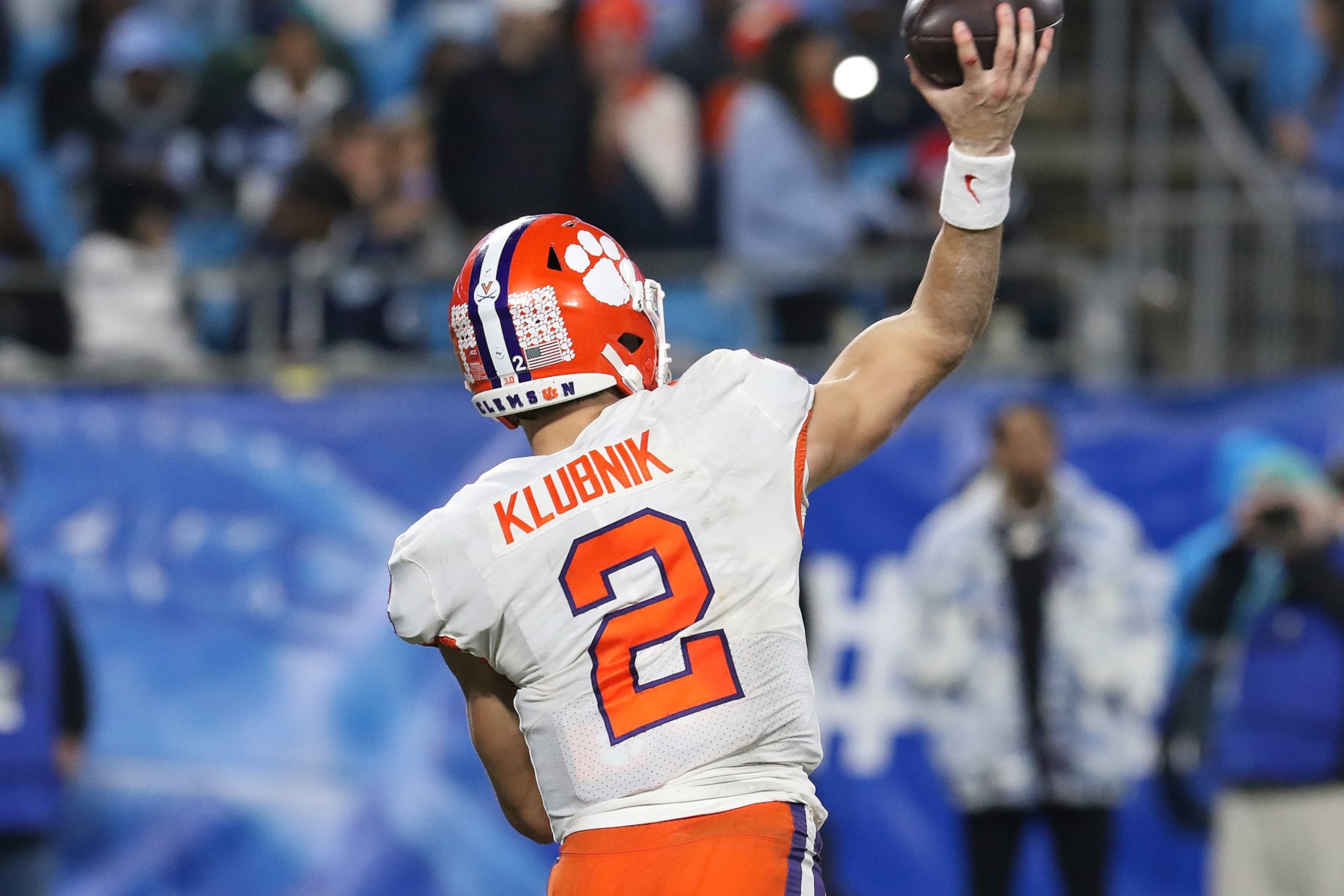 CHARLOTTE, NC - DECEMBER 03: Clemson Tigers quarterback Cade Klubnik (2) during the ACC college football championship game between the North Carolina Tar Heels and the Clemson Tigers on December 3, 2022, at Bank of America Stadium in Charlotte, N.C. (Photo by John Byrum/Icon Sportswire via Getty Images)