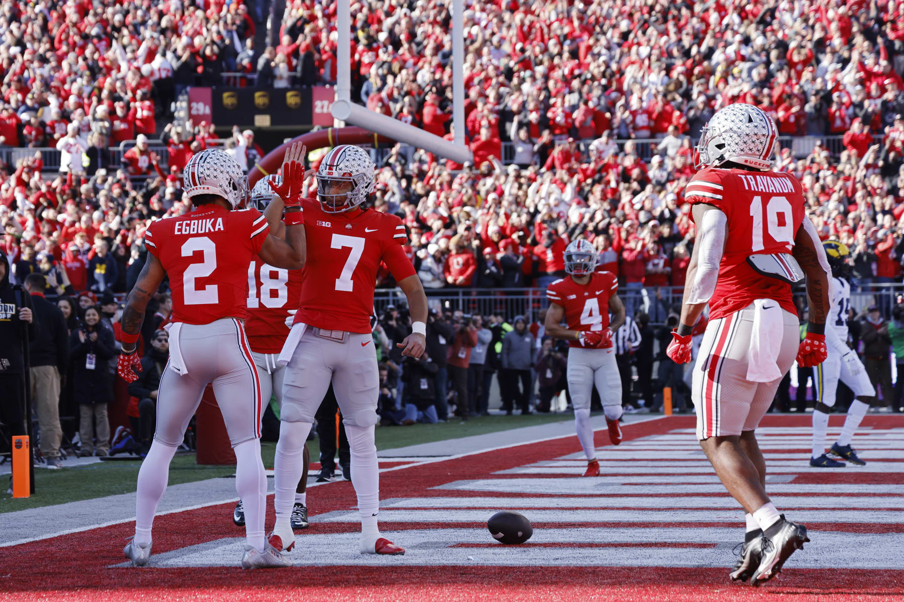 COLUMBUS, OH - NOVEMBER 26: Ohio State Buckeyes wide receiver Emeka Egbuka (2) and quarterback C.J. Stroud (7) celebrate after connecting on a 4-yard touchdown pass in the first quarter of a college football game against the Michigan Wolverines on November 26, 2022 at Ohio Stadium in Columbus, Ohio. (Photo by Joe Robbins/Icon Sportswire via Getty Images)