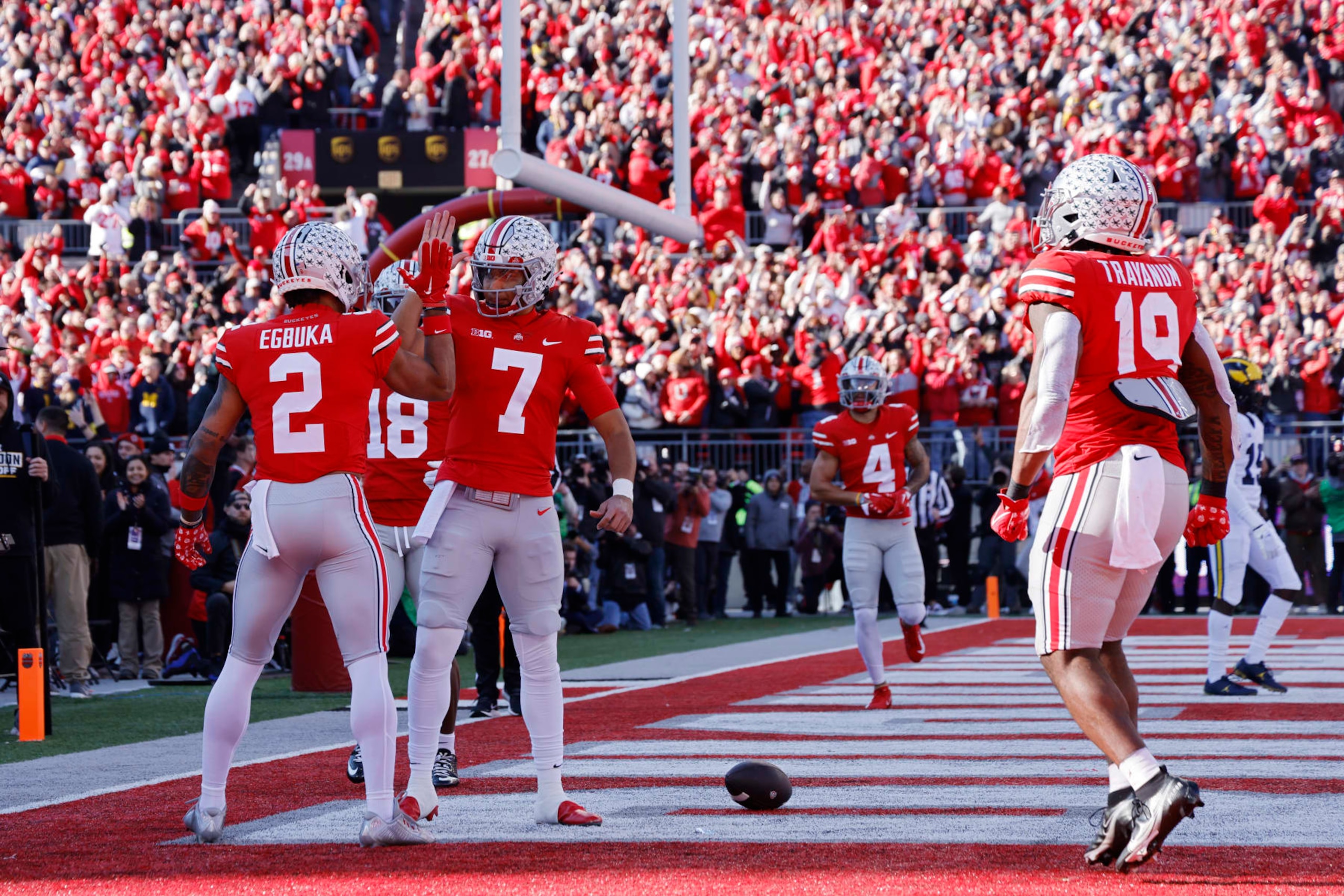 COLUMBUS, OH - NOVEMBER 26: Ohio State Buckeyes wide receiver Emeka Egbuka (2) and quarterback C.J. Stroud (7) celebrate after connecting on a 4-yard touchdown pass in the first quarter of a college football game against the Michigan Wolverines on November 26, 2022 at Ohio Stadium in Columbus, Ohio. (Photo by Joe Robbins/Icon Sportswire via Getty Images)