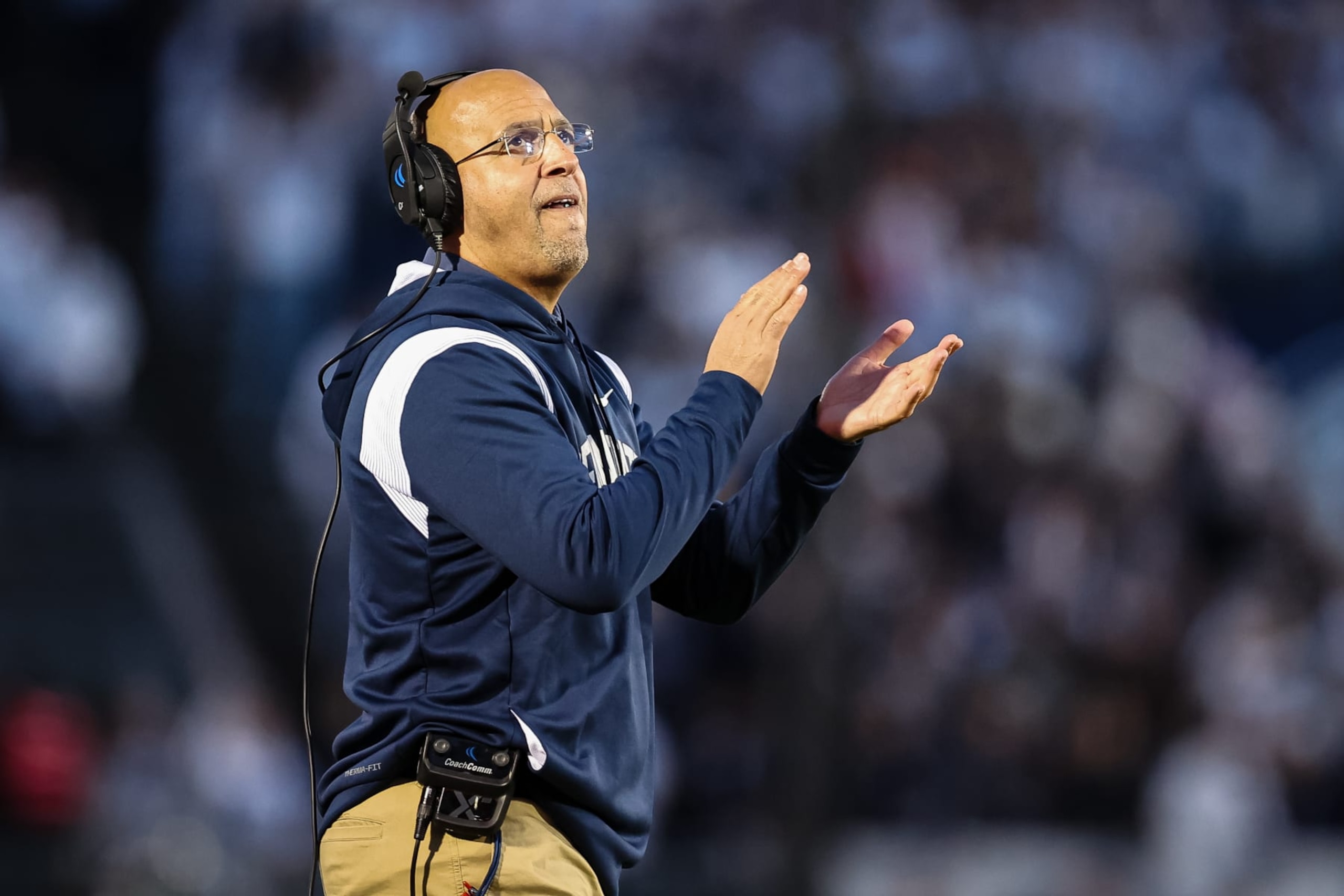 STATE COLLEGE, PA - NOVEMBER 26: Head coach James Franklin of the Penn State Nittany Lions reacts to a play against the Michigan State Spartans during the first half at Beaver Stadium on November 26, 2022 in State College, Pennsylvania. (Photo by Scott Taetsch/Getty Images)