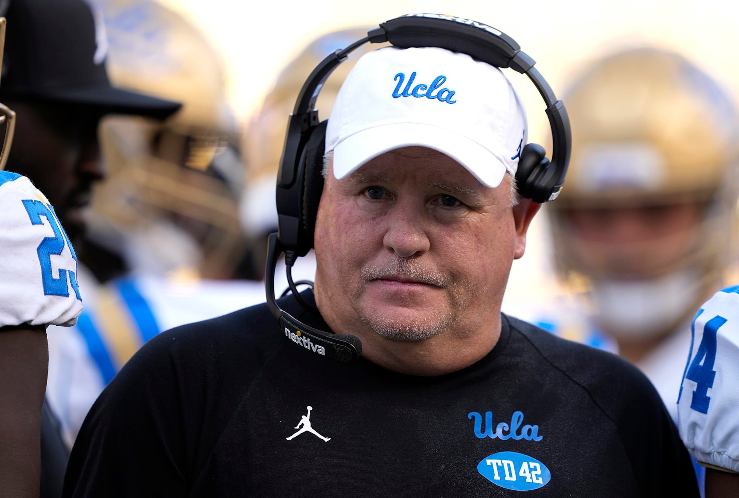BERKELEY, CALIFORNIA - NOVEMBER 25: Head coach Chip Kelly of the UCLA Bruins looks on from the sidelines against the California Golden Bears during the second quarter of an NCAA football game at California Memorial Stadium on November 25, 2022 in Berkeley, California. (Photo by Thearon W. Henderson/Getty Images)