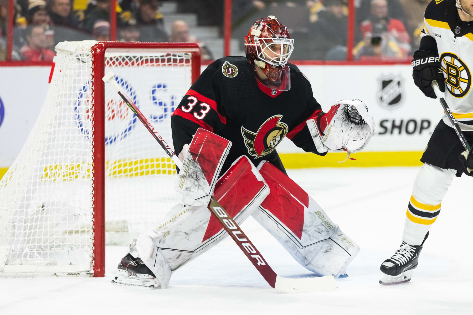 OTTAWA, ON - DECEMBER 27: Ottawa Senators Goalie Cam Talbot (33) prepares to make a save during first period National Hockey League action between the Boston Bruins and Ottawa Senators on December 27, 2022, at Canadian Tire Centre in Ottawa, ON, Canada. (Photo by Richard A. Whittaker/Icon Sportswire via Getty Images)