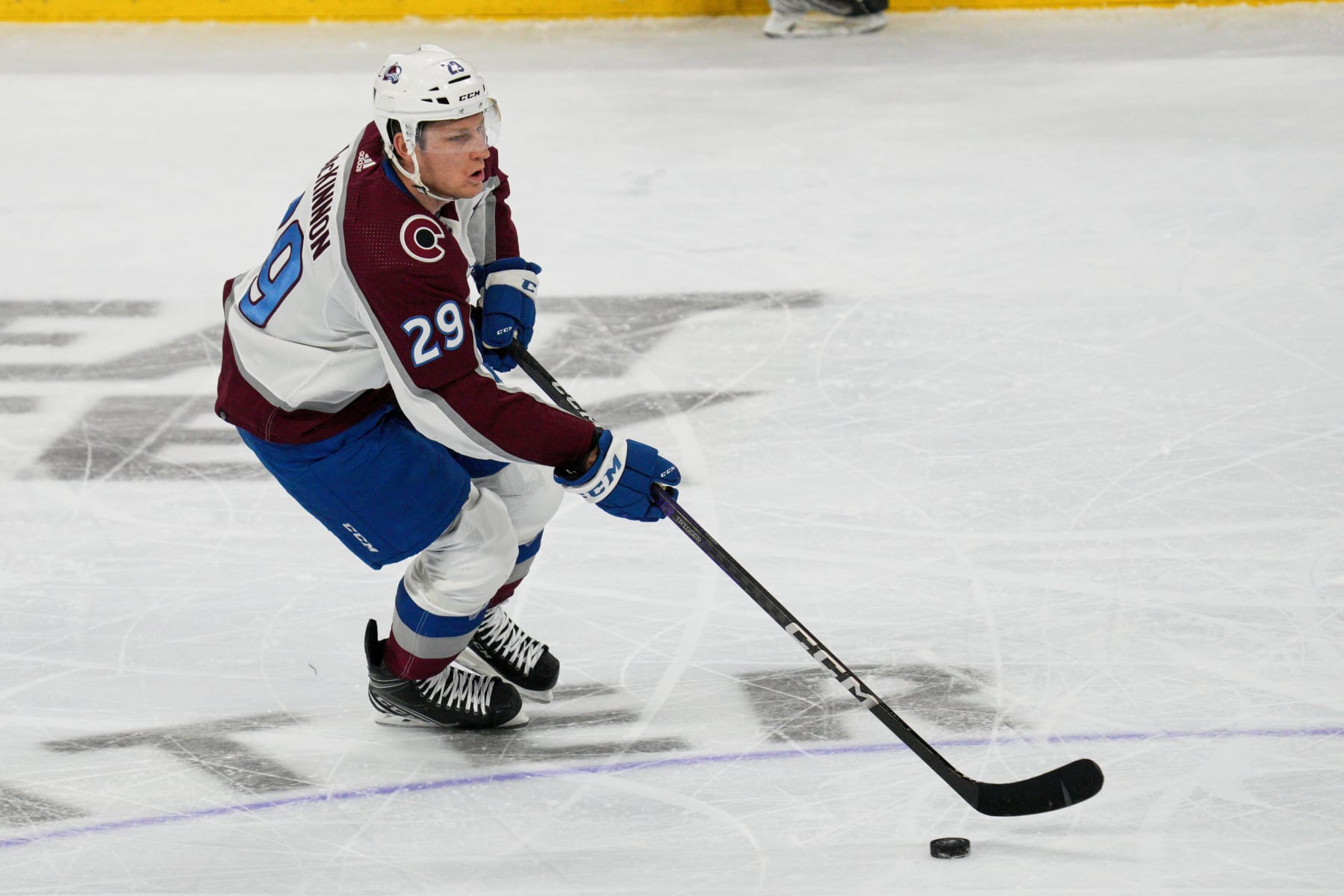 PHILADELPHIA, PA - DECEMBER 05: Colorado Avalanche center Nathan MacKinnon (29) skates with the puck during the game between the Colorado Avalanche and the Philadelphia Flyers on December 5, 2022 at the Wells Fargo Center in Philadelphia, PA (Photo by Andy Lewis/Icon Sportswire via Getty Images)