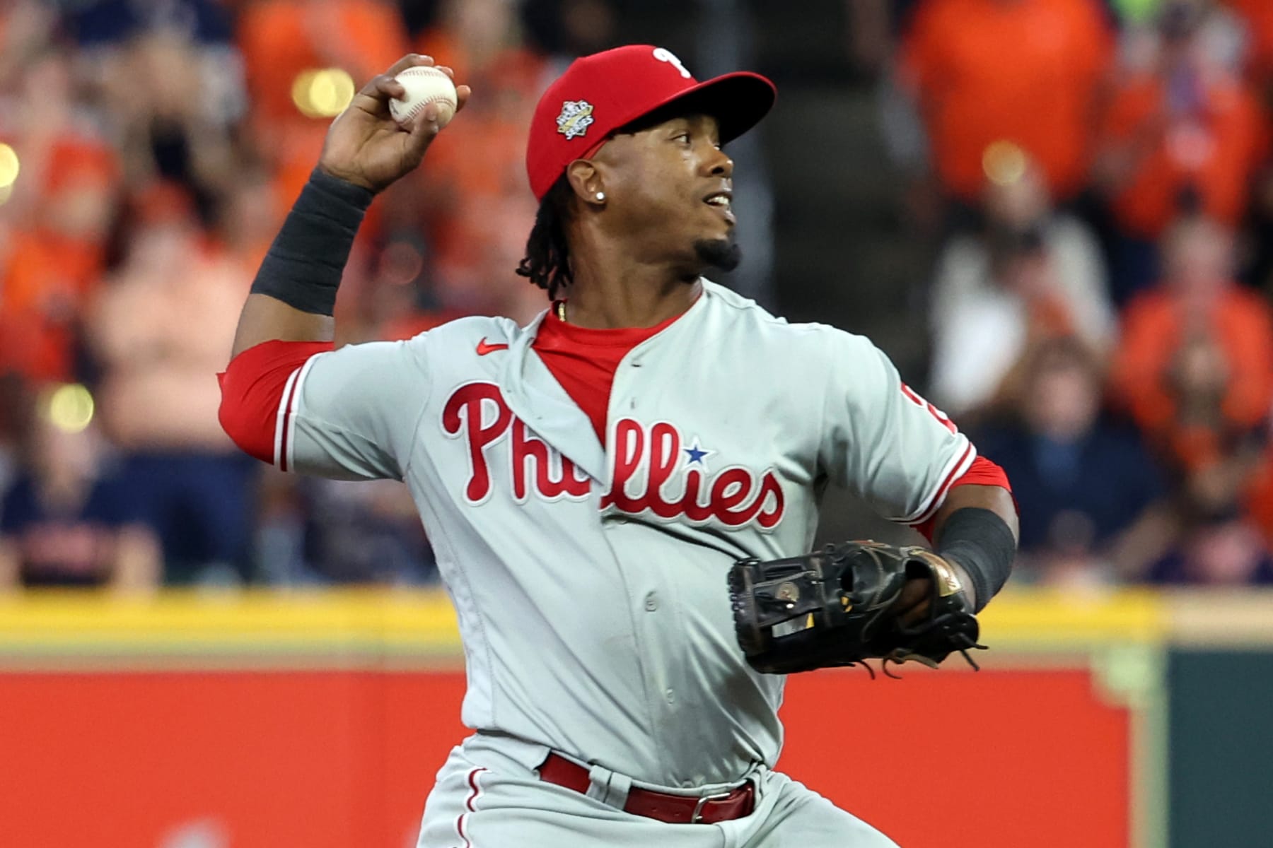HOUSTON, TX - NOVEMBER 05:  Jean Segura #2 of the Philadelphia Phillies attempts to turn a double play during Game 6 of the 2022 World Series between the Philadelphia Phillies and the Houston Astros at Minute Maid Park on Saturday, November 5, 2022 in Houston, Texas. (Photo by Mary DeCicco/MLB Photos via Getty Images)