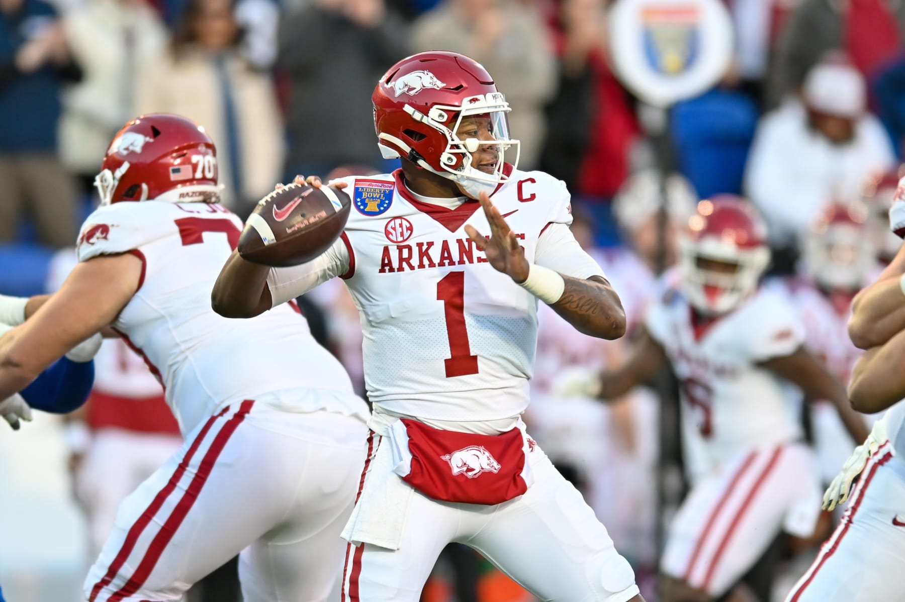 MEMPHIS, TN - DECEMBER 28: Arkansas Razorbacks quarterback KJ Jefferson (1) in action during the AutoZone Liberty Bowl between the Kansas Jayhawks and the Arkansas Razorbacks on December 28, 2022 at the Simmons Bank Liberty Stadium in Memphis, TN. (Photo by Kevin Langley/Icon Sportswire via Getty Images)