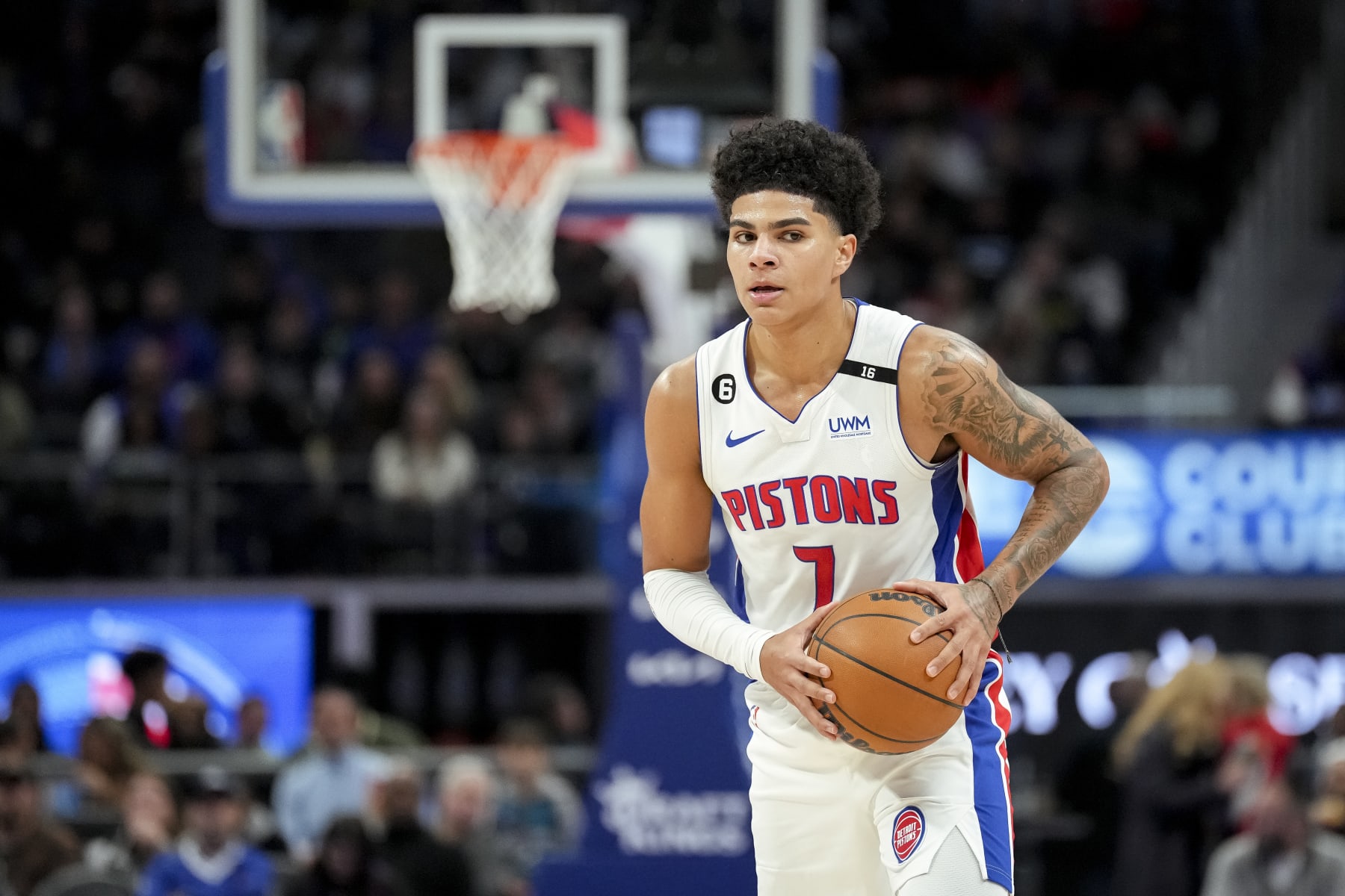 DETROIT, MICHIGAN - DECEMBER 26: Killian Hayes #7 of the Detroit Pistons handles the ball against the LA Clippers at Little Caesars Arena on December 26, 2022 in Detroit, Michigan. NOTE TO USER: User expressly acknowledges and agrees that, by downloading and or using this photograph, User is consenting to the terms and conditions of the Getty Images License Agreement. (Photo by Nic Antaya/Getty Images)
