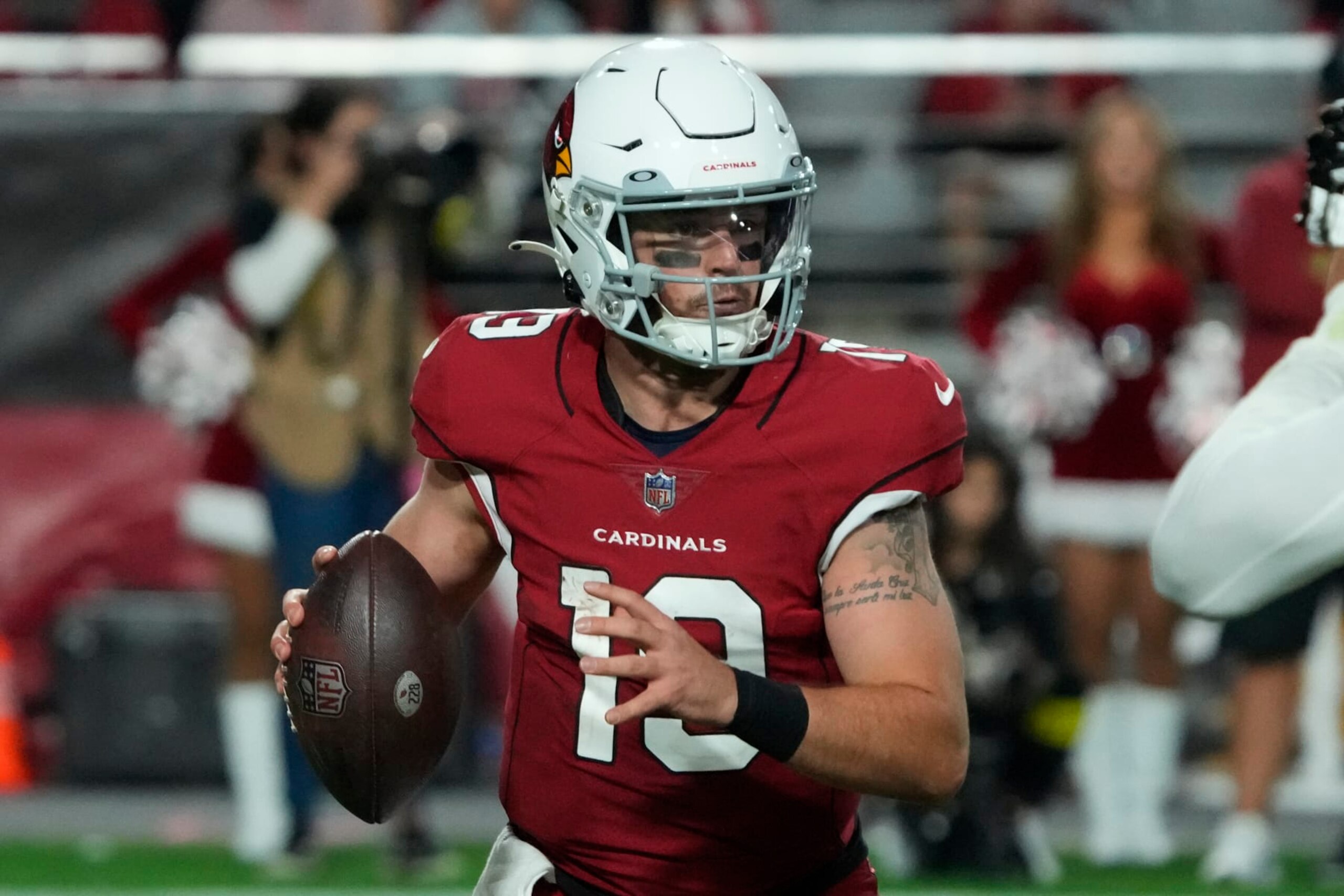 Arizona Cardinals quarterback Trace McSorley (19) during the second half of an NFL football game against the Tampa Bay Buccaneers, Sunday, Dec. 25, 2022, in Glendale, Ariz. (AP Photo/Rick Scuteri)
