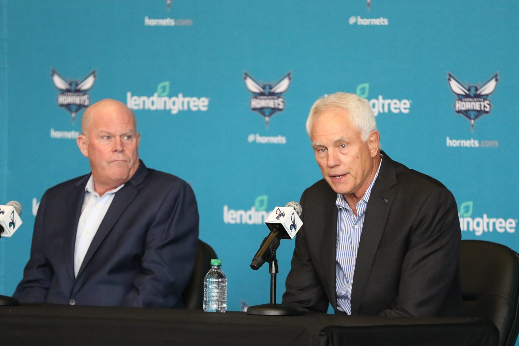 CHARLOTTE, NC - JUNE 28: General Manager of the Charlotte Hornets Mitch Kupchak and Head Coach Steve Clifford  of the Charlotte Hornets talk to the media during th introductory press conference on June 28, 2022 at Spectrum Center in Charlotte, North Carolina. NOTE TO USER: User expressly acknowledges and agrees that, by downloading and or using this photograph, User is consenting to the terms and conditions of the Getty Images License Agreement. Mandatory Copyright Notice: Copyright 2022 NBAE (Photo by Brock Williams-Smith/NBAE via Getty Images)