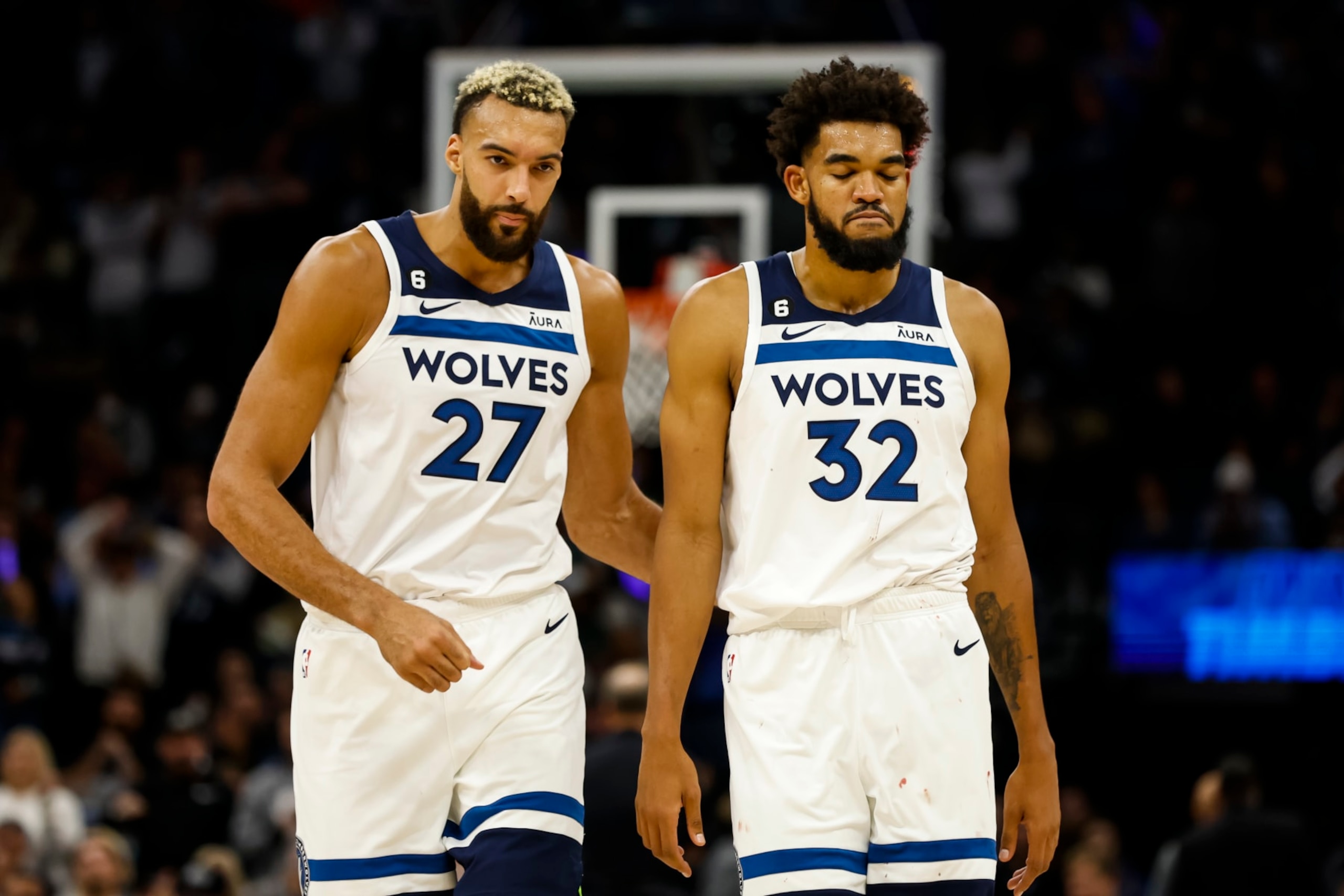 MINNEAPOLIS, MN - OCTOBER 19: Rudy Gobert #27 talks to Karl-Anthony Towns #32 of the Minnesota Timberwolves in the fourth quarter of the game against the Oklahoma City Thunder at Target Center on October 19, 2022 in Minneapolis, Minnesota. The Timberwolves defeated the Thunder 115-108. NOTE TO USER: User expressly acknowledges and agrees that, by downloading and or using this Photograph, user is consenting to the terms and conditions of the Getty Images License Agreement. (Photo by David Berding/Getty Images)