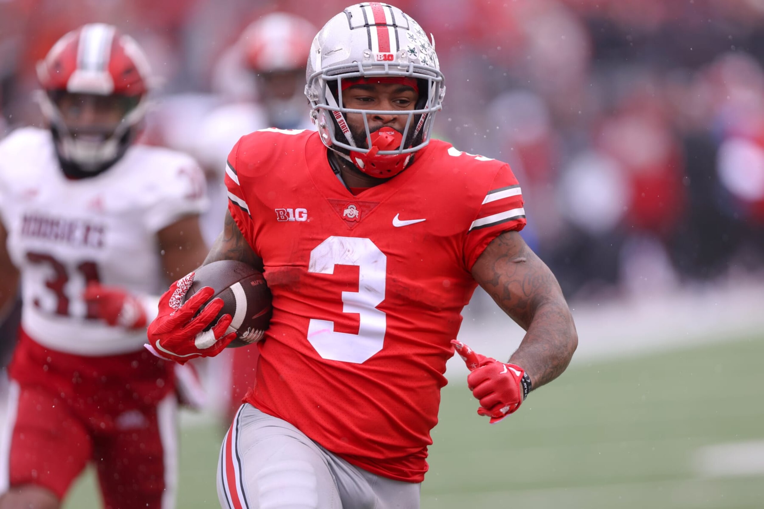 COLUMBUS, OH - NOVEMBER 12: Ohio State Buckeyes running back Miyan Williams (3) scores on a 48-yard touchdown run during the second quarter of the college football game between the Indiana Hoosiers and Ohio State Buckeyes on November 12, 2022, at Ohio Stadium in Columbus, OH. (Photo by Frank Jansky/Icon Sportswire via Getty Images)