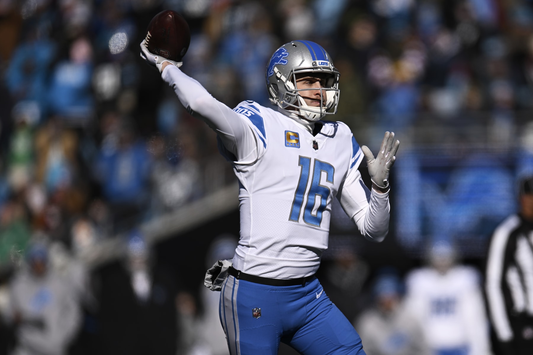 CHARLOTTE, NORTH CAROLINA - DECEMBER 24: Jared Goff #16 of the Detroit Lions throws a pass against the Carolina Panthers in the first quarter at Bank of America Stadium on December 24, 2022 in Charlotte, North Carolina. (Photo by Eakin Howard/Getty Images)