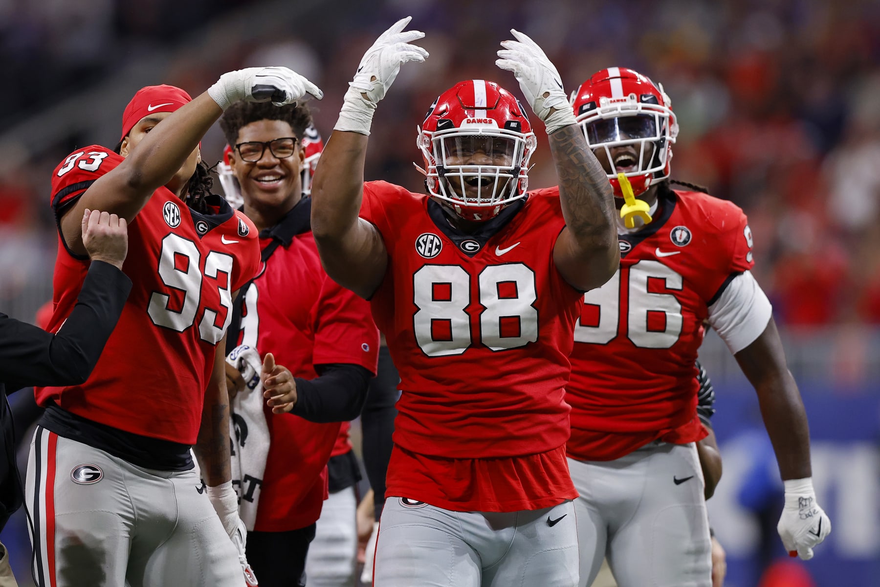ATLANTA, GEORGIA - DECEMBER 03: Jalen Carter #88 of the Georgia Bulldogs reacts after a defensive stop against the LSU Tigers during the second quarter  in the SEC Championship game at Mercedes-Benz Stadium on December 03, 2022 in Atlanta, Georgia. (Photo by Todd Kirkland/Getty Images)