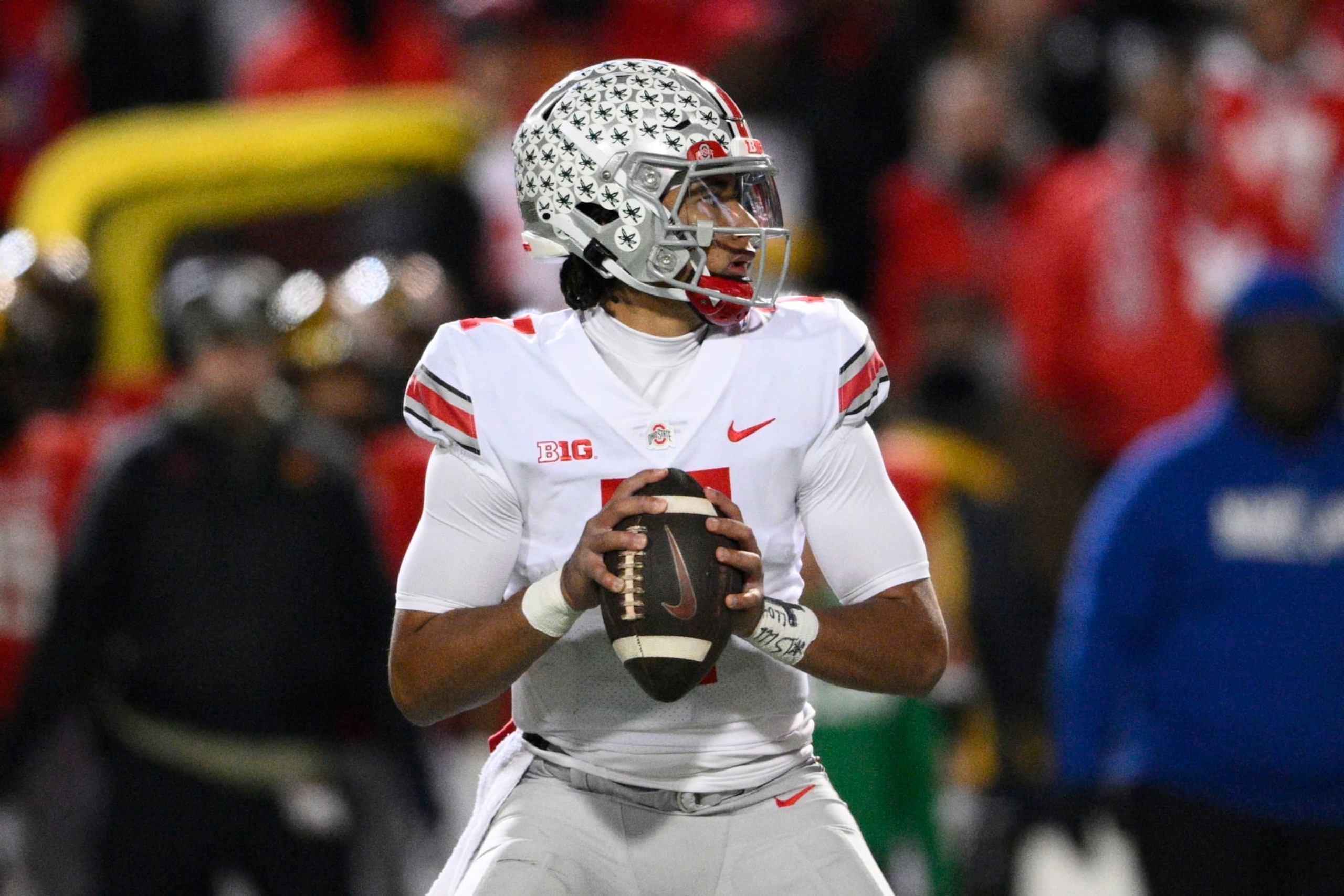 Ohio State quarterback C.J. Stroud (7) in action during the second half of an NCAA college football game against Maryland, Saturday, Nov. 19, 2022, in College Park, Md. Ohio State won 43-30. (AP Photo/Nick Wass)