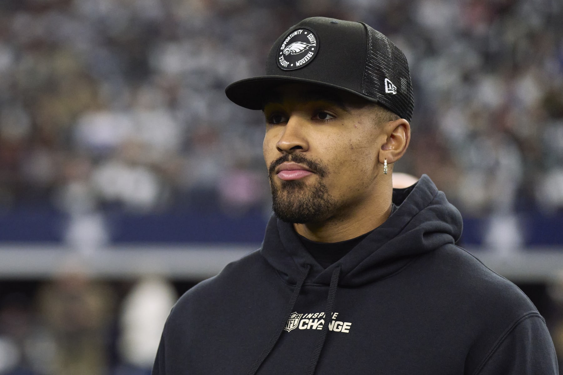 ARLINGTON, TX - DECEMBER 24: Quarterback Jalen Hurts #1 of the Philadelphia Eagles looks on before kickoff against the Dallas Cowboys at AT&T Stadium on December 24, 2022 in Arlington, Texas. (Photo by Cooper Neill/Getty Images)