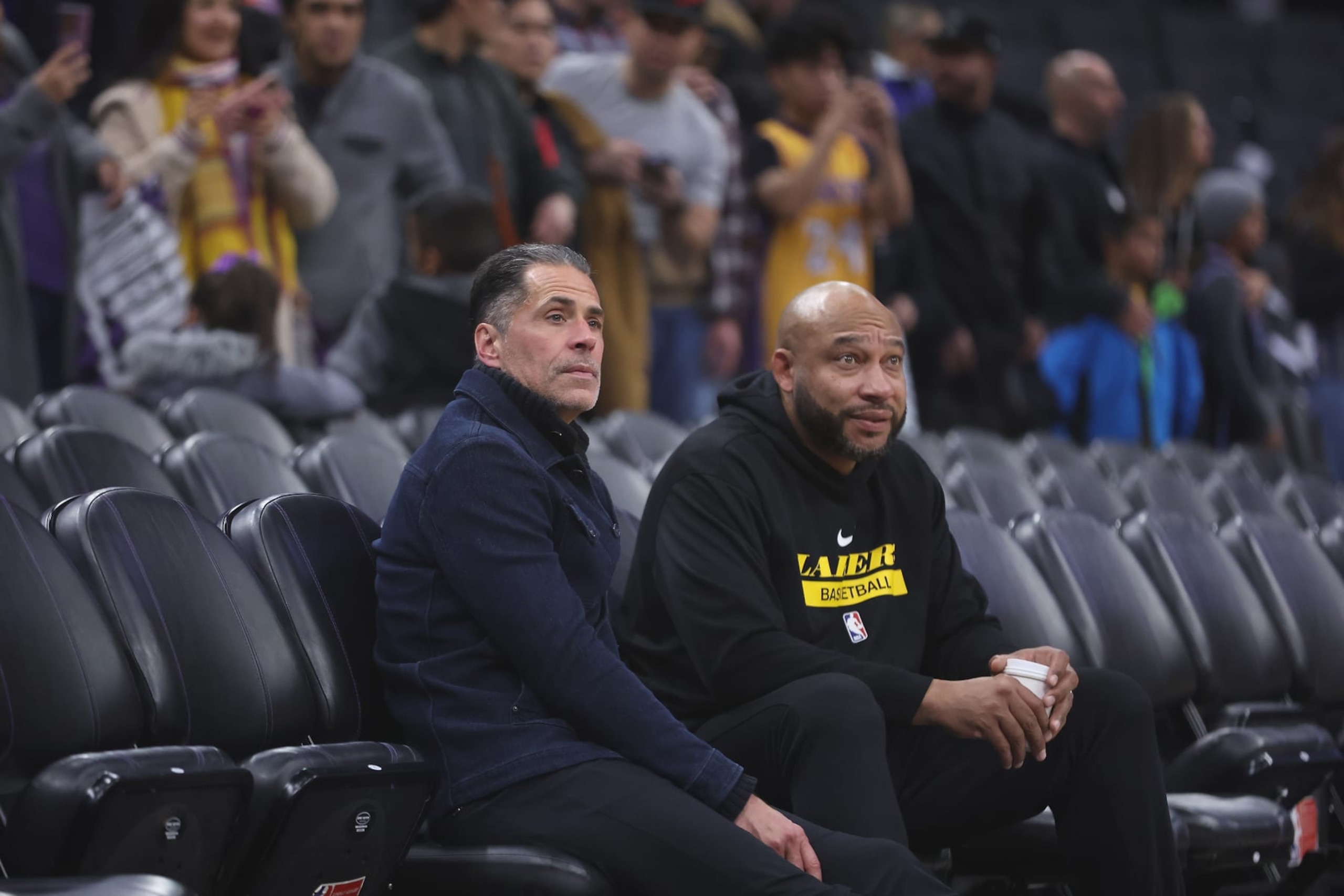 SACRAMENTO, CALIFORNIA - DECEMBER 21: Los Angeles Lakers General Manager Rob Pelinka talks with head coach Darvin Ham before the game to Kings at Golden 1 Center on December 21, 2022 in Sacramento, California. NOTE TO USER: User expressly acknowledges and agrees that, by downloading and/or using this photograph, User is consenting to the terms and conditions of the Getty Images License Agreement. (Photo by Lachlan Cunningham/Getty Images)