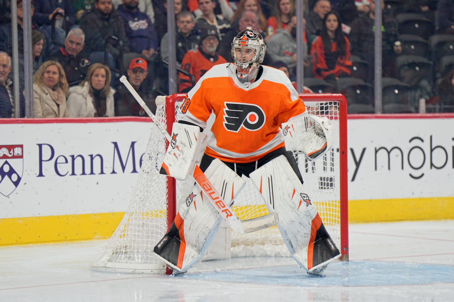 PHILADELPHIA, PA - DECEMBER 20: Philadelphia Flyers goaltender Carter Hart (79) tends net during the game between the Columbus Blue Jackets and the Philadelphia Flyers on December 20, 2022 at the Wells Fargo Center in Philadelphia, PA. (Photo by Andy Lewis/Icon Sportswire via Getty Images)