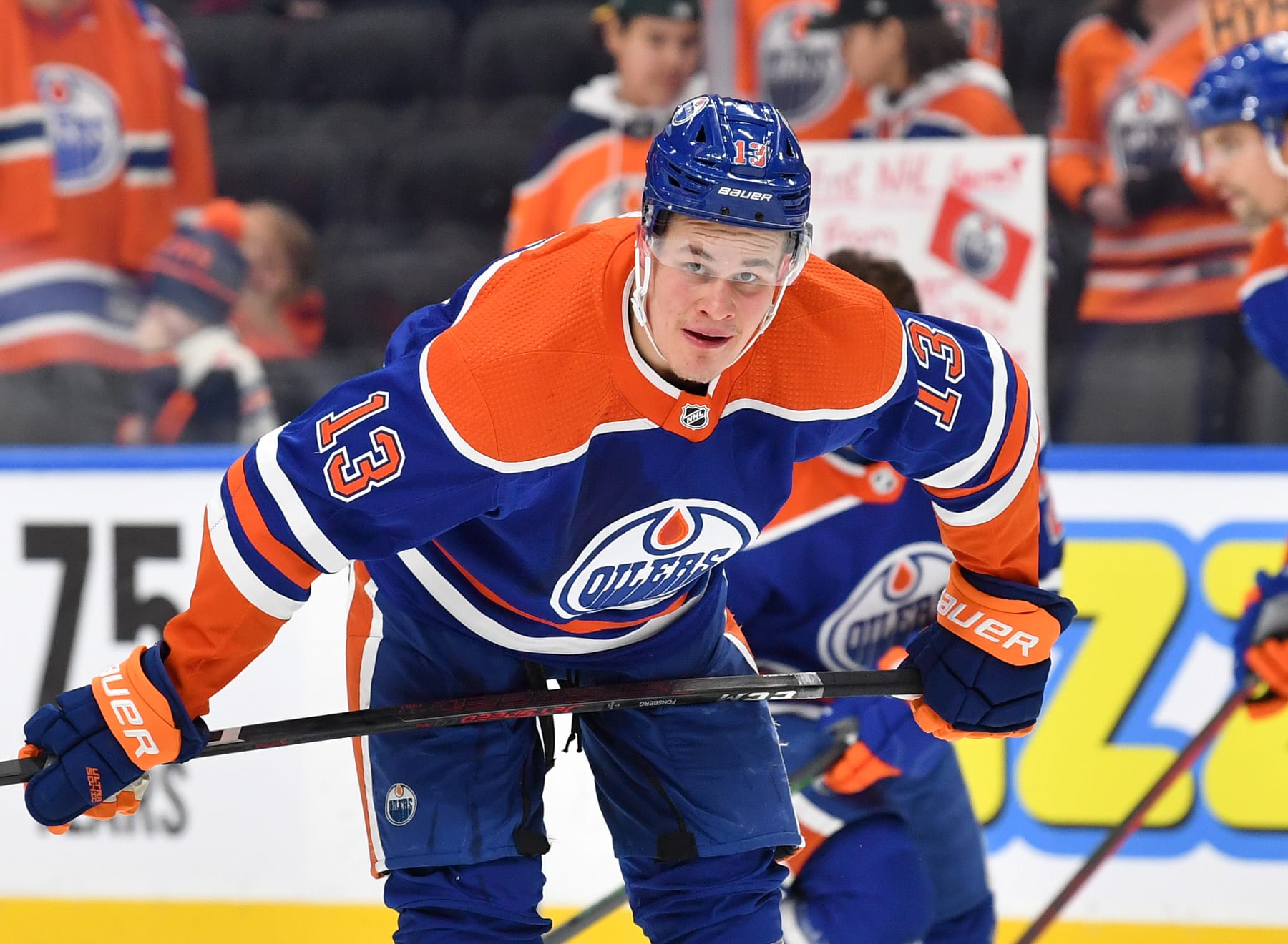 EDMONTON, CANADA - DECEMBER 23: Jesse Puljujarvi #13 of the Edmonton Oilers warms up before the game against the Vancouver Canucks on December 23, 2022 at Rogers Place in Edmonton, Alberta, Canada. (Photo by Andy Devlin/NHLI via Getty Images)