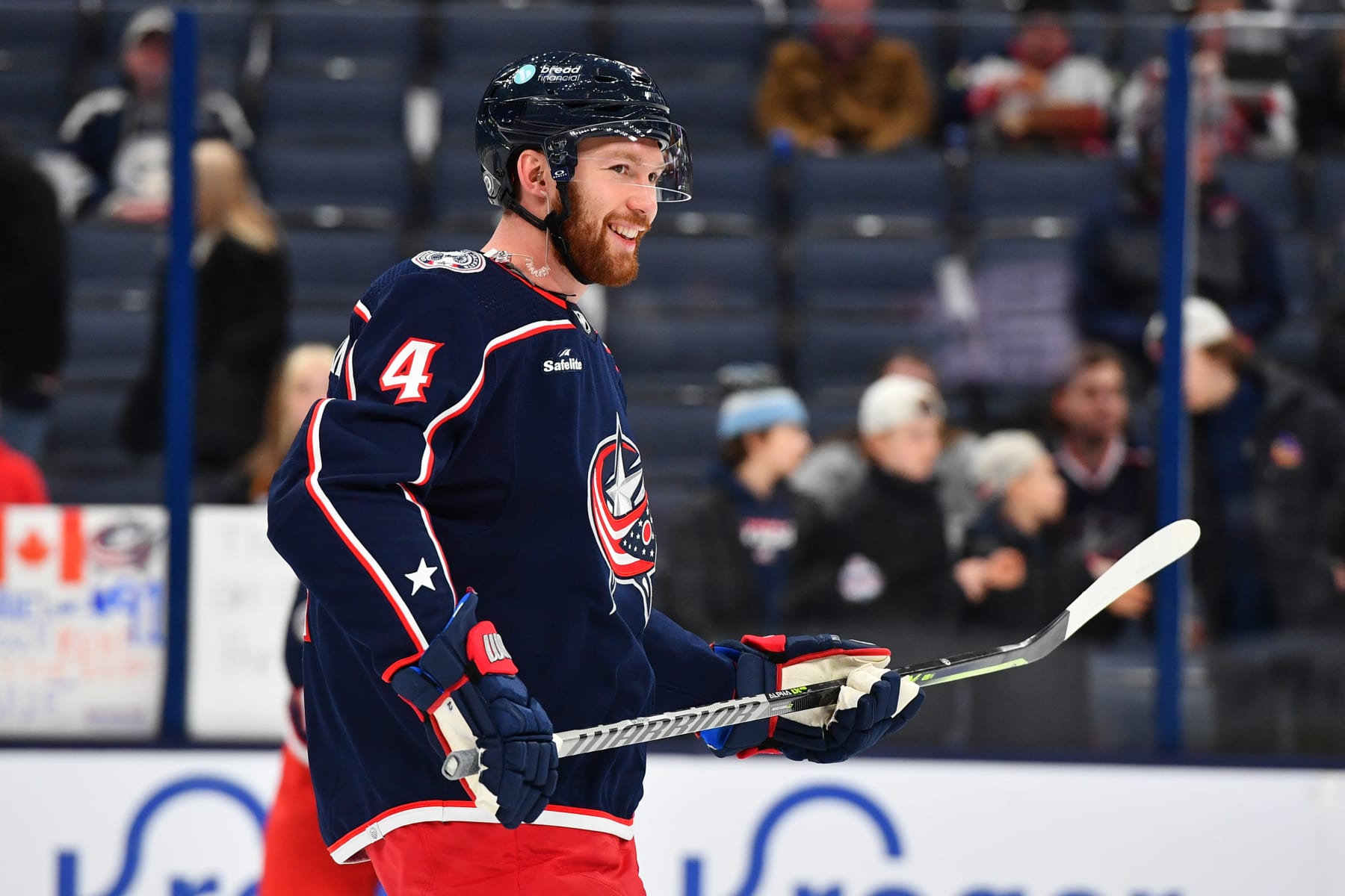 COLUMBUS, OHIO - DECEMBER 19: Vladislav Gavrikov #4 of the Columbus Blue Jackets warms up prior to a game against the Dallas Stars at Nationwide Arena on December 19, 2022 in Columbus, Ohio. (Photo by Ben Jackson/NHLI via Getty Images)