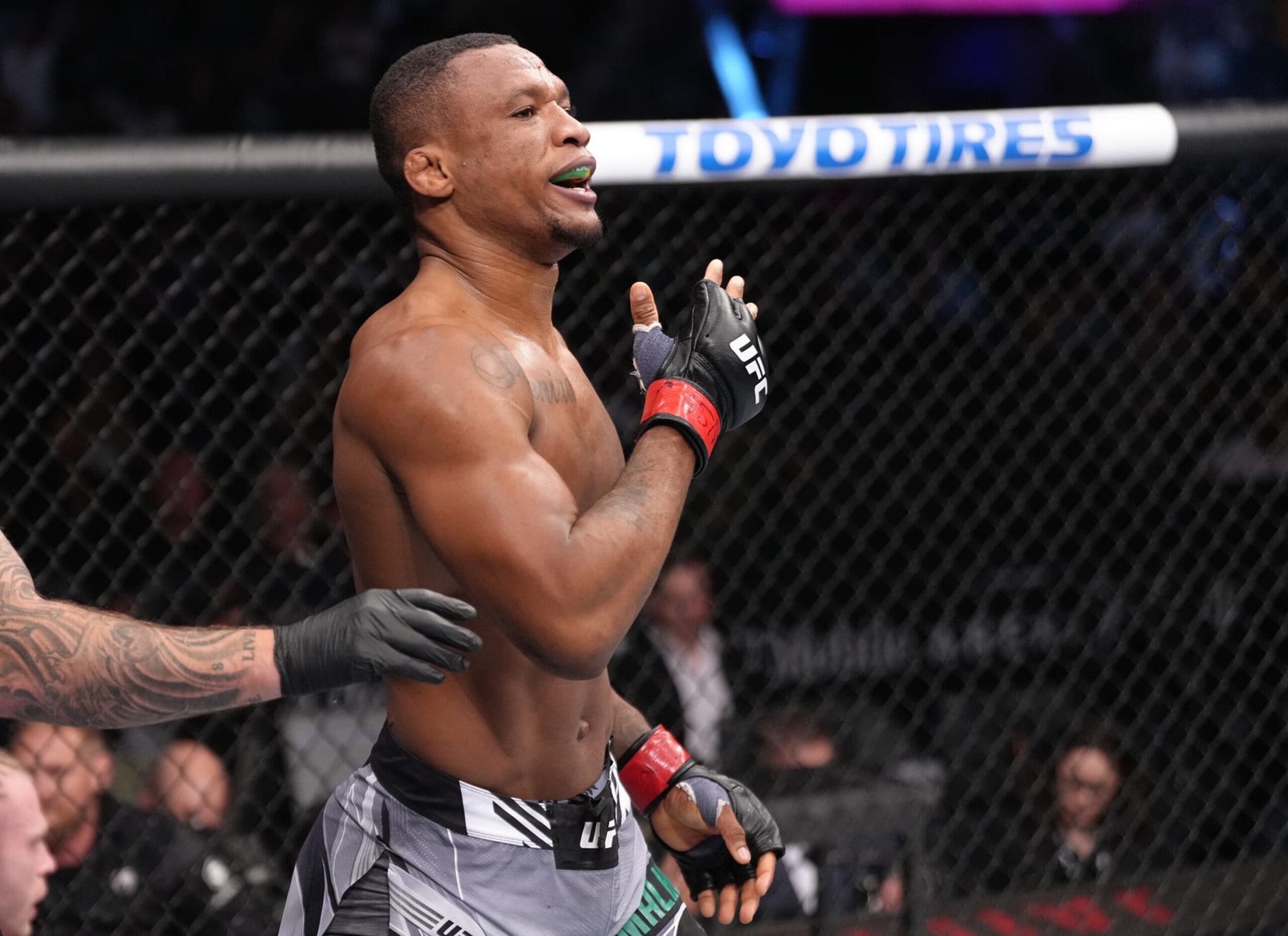 LAS VEGAS, NEVADA - SEPTEMBER 10: Jailton Almeida of Brazil celebrates after his submission victory over Anton Turkalj of Sweden in a 220-pound catchweight fight during the UFC 279 event at T-Mobile Arena on September 10, 2022 in Las Vegas, Nevada. (Photo by Jeff Bottari/Zuffa LLC)