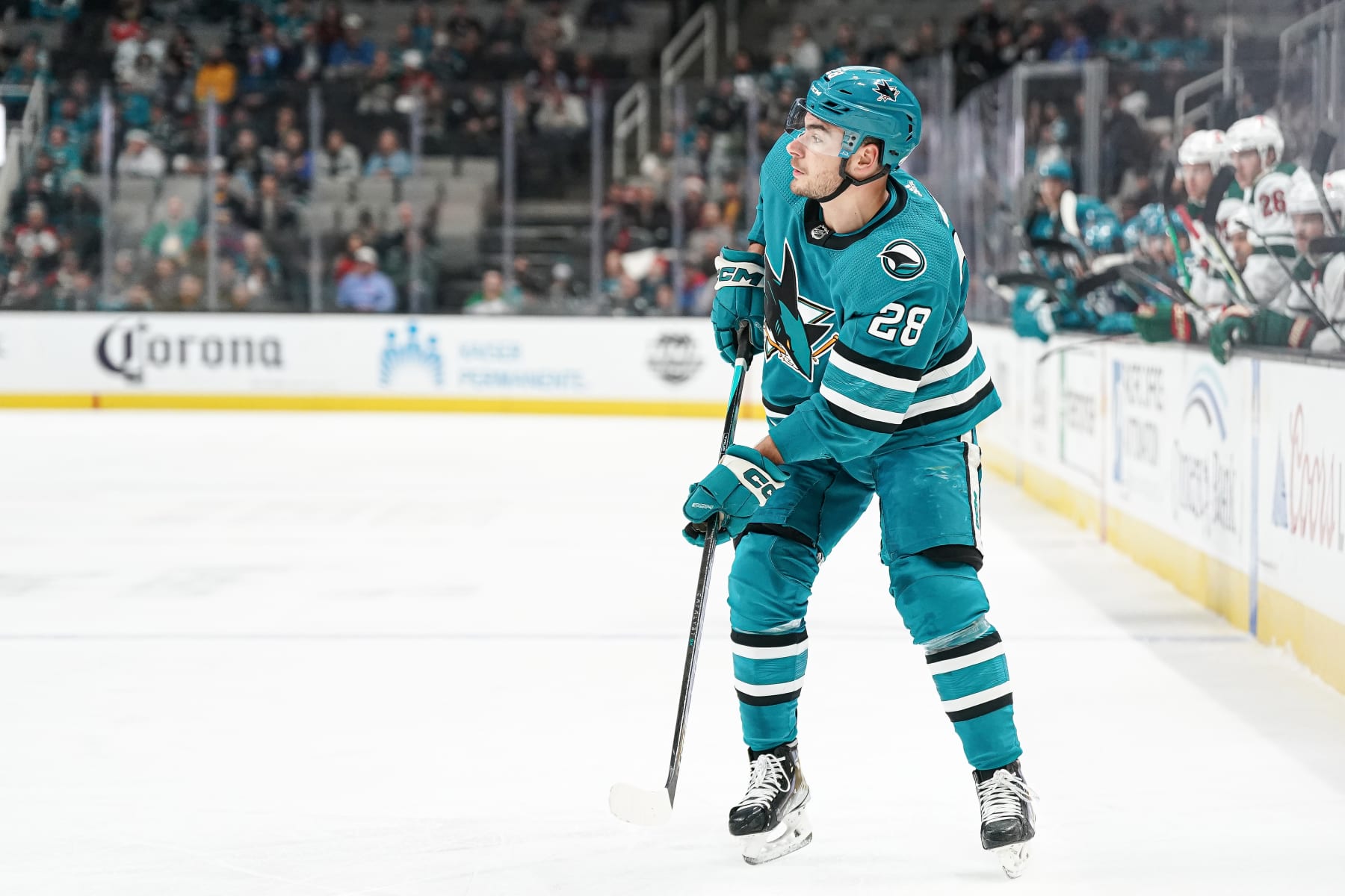 SAN JOSE, CA - DECEMBER 22: Timo Meier #28 of the San Jose Sharks waits for the puck against the Minnesota Wild at SAP Center on December 22, 2022 in San Jose, California. (Photo by Kavin Mistry/NHLI via Getty Images)