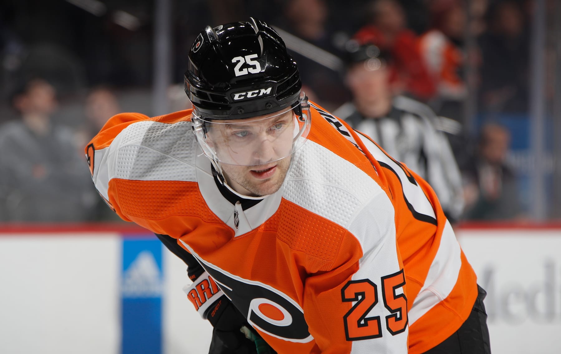 PHILADELPHIA, PENNSYLVANIA - DECEMBER 20: James van Riemsdyk #25 of the Philadelphia Flyers skates against the Columbus Blue Jackets at the Wells Fargo Center on December 20, 2022 in Philadelphia, Pennsylvania. (Photo by Bruce Bennett/Getty Images)