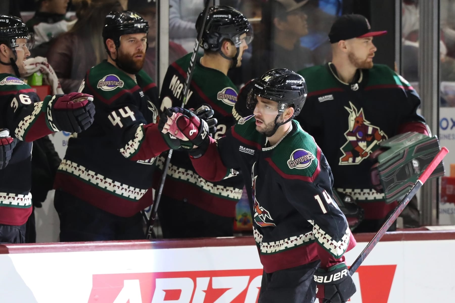 TEMPE, ARIZONA - DECEMBER 27: Shayne Gostisbehere #14 of the Arizona Coyotes celebrates a goal against the Colorado Avalanche in the first period at Mullett Arena on December 27, 2022 in Tempe, Arizona. (Photo by Zac BonDurant/Getty Images)
