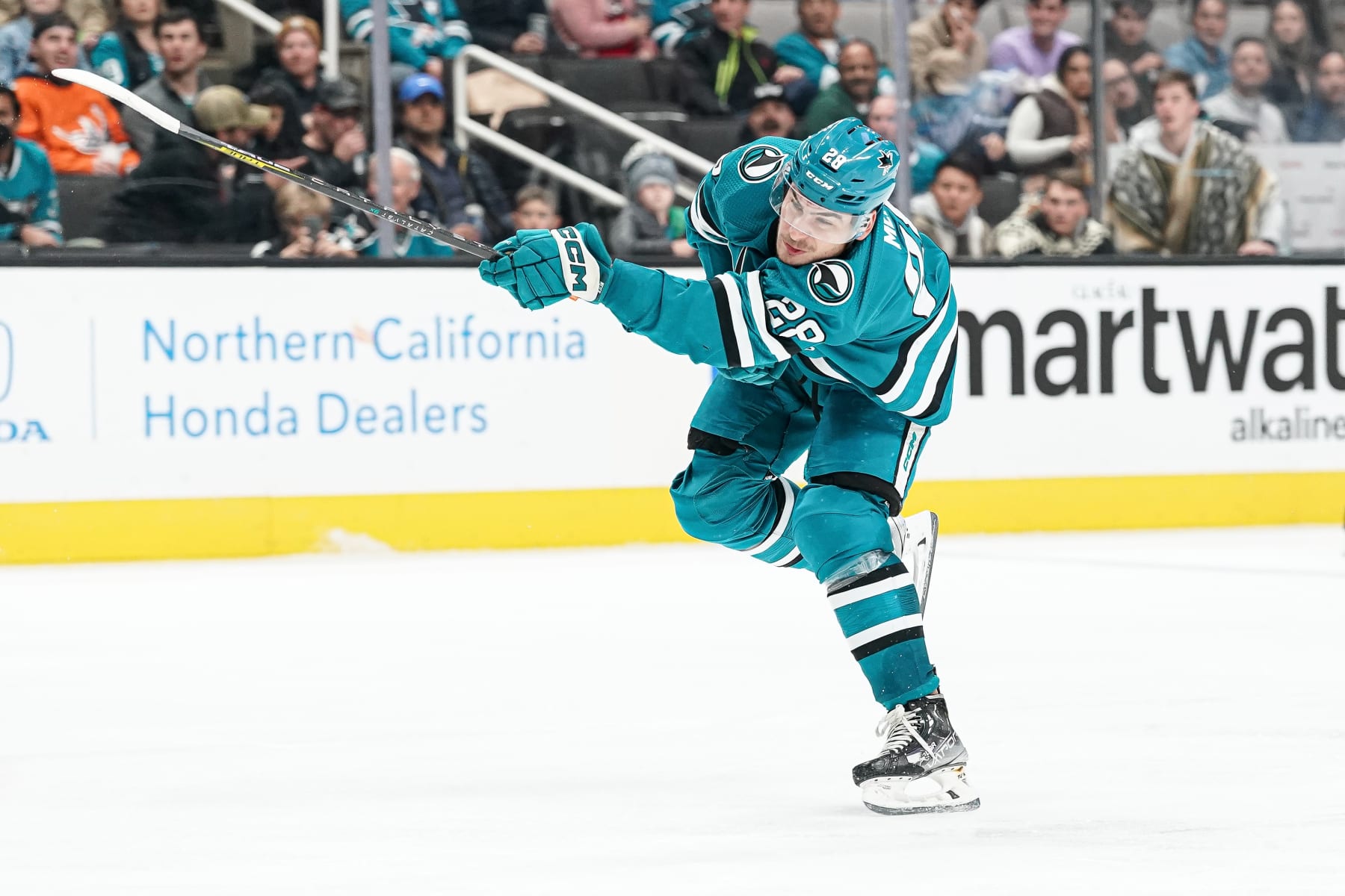 SAN JOSE, CA - DECEMBER 20: Timo Meier #28 of the San Jose Sharks takes a shot on goal against the Calgary Flames at SAP Center on December 20, 2022 in San Jose, California. (Photo by Kavin Mistry/NHLI via Getty Images)