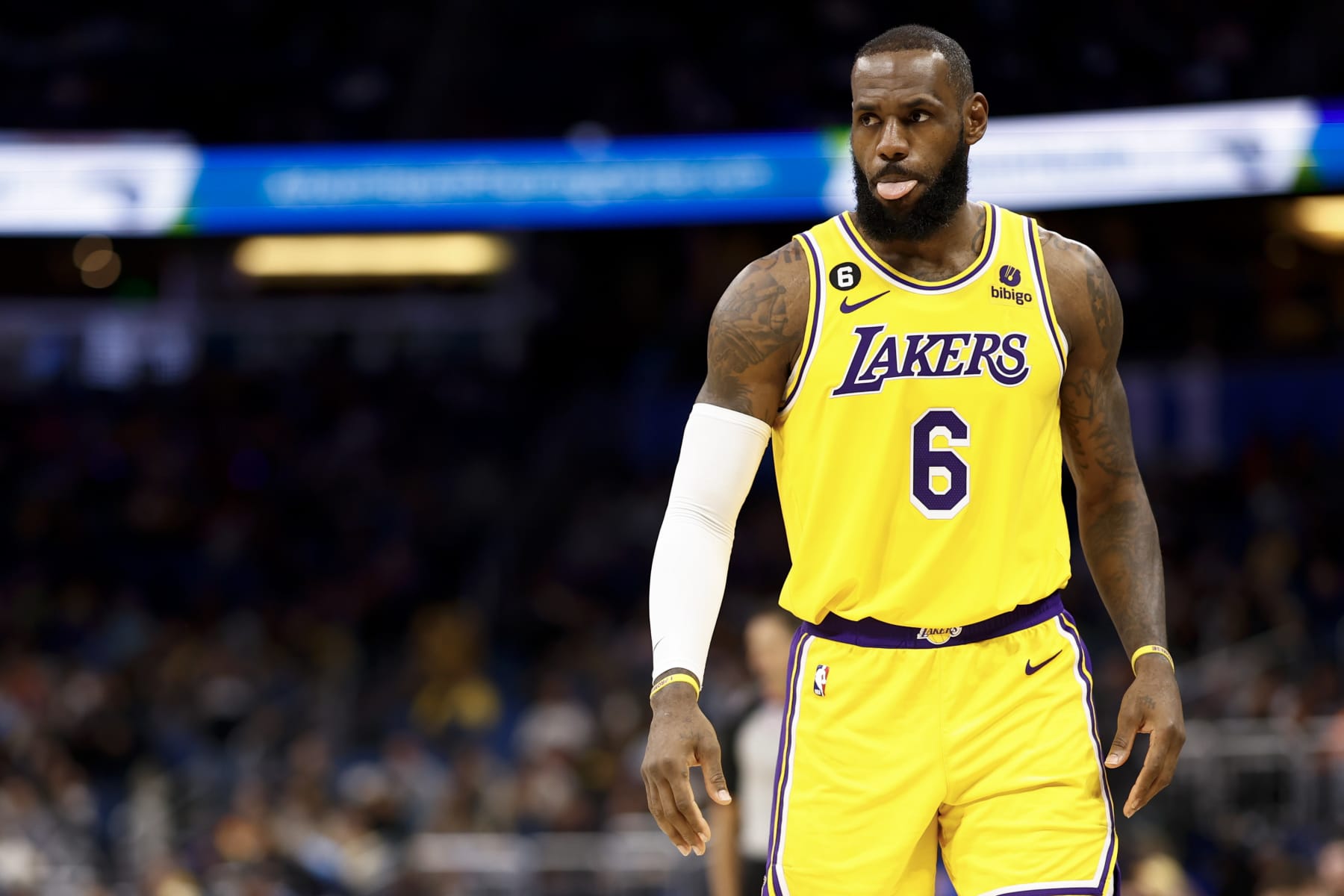 ORLANDO, FLORIDA - DECEMBER 27: LeBron James #6 of the Los Angeles Lakers looks on against the Orlando Magic during the third quarter at Amway Center on December 27, 2022 in Orlando, Florida. NOTE TO USER: User expressly acknowledges and agrees that, by downloading and or using this photograph, User is consenting to the terms and conditions of the Getty Images License Agreement. (Photo by Douglas P. DeFelice/Getty Images)