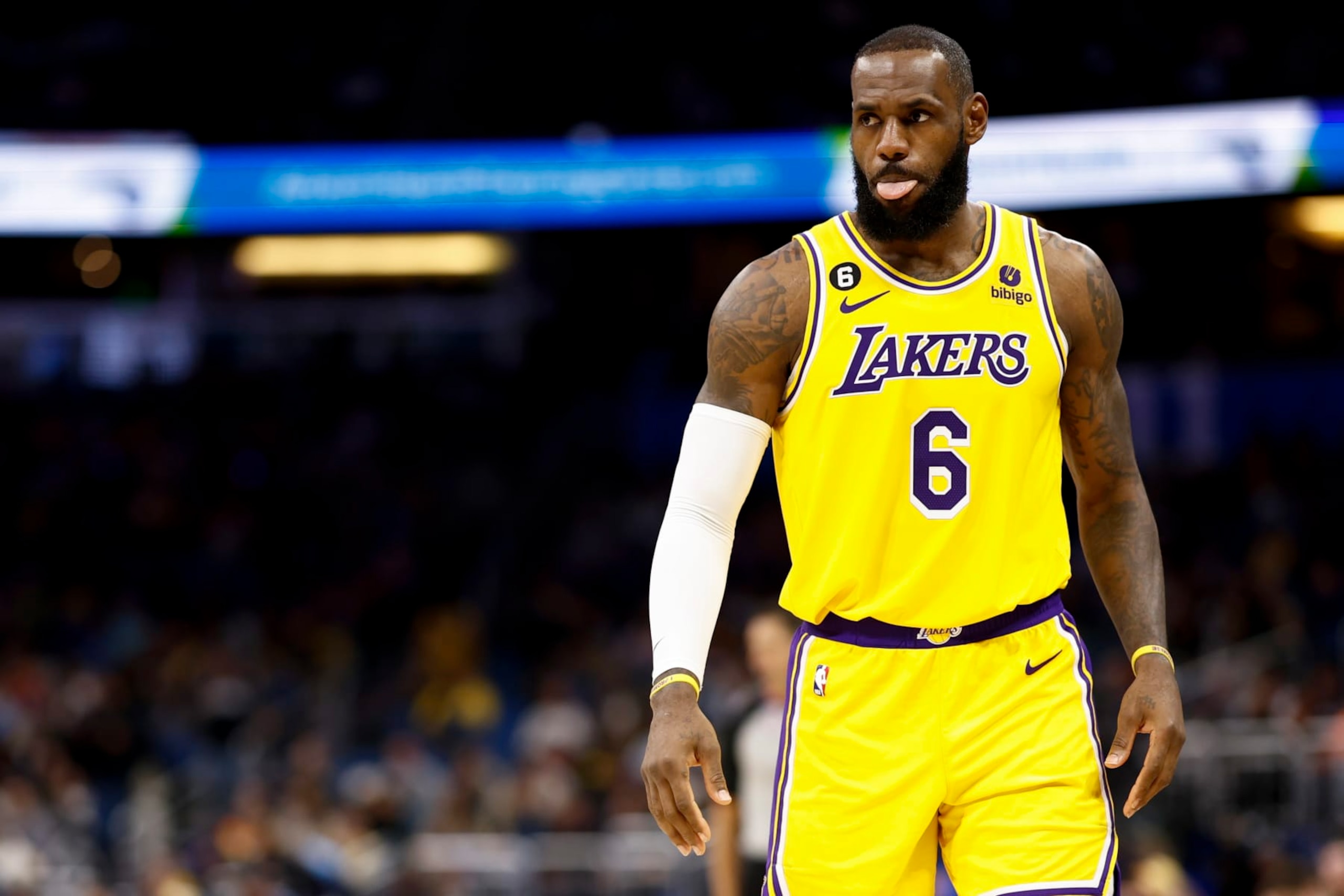 ORLANDO, FLORIDA - DECEMBER 27: LeBron James #6 of the Los Angeles Lakers looks on against the Orlando Magic during the third quarter at Amway Center on December 27, 2022 in Orlando, Florida. NOTE TO USER: User expressly acknowledges and agrees that, by downloading and or using this photograph, User is consenting to the terms and conditions of the Getty Images License Agreement. (Photo by Douglas P. DeFelice/Getty Images)