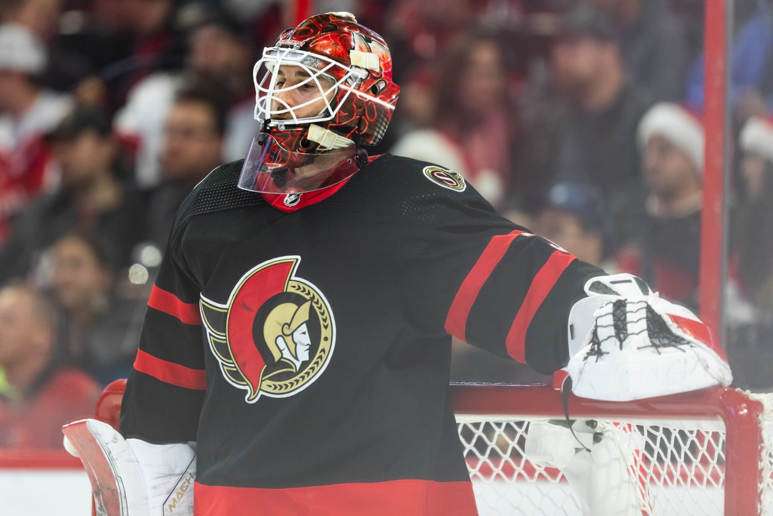 OTTAWA, ON - DECEMBER 22: Ottawa Senators Goalie Cam Talbot (33) after a whistle during second period National Hockey League action between the Washington Capitals and Ottawa Senators on December 22, 2022, at Canadian Tire Centre in Ottawa, ON, Canada. (Photo by Richard A. Whittaker/Icon Sportswire via Getty Images)