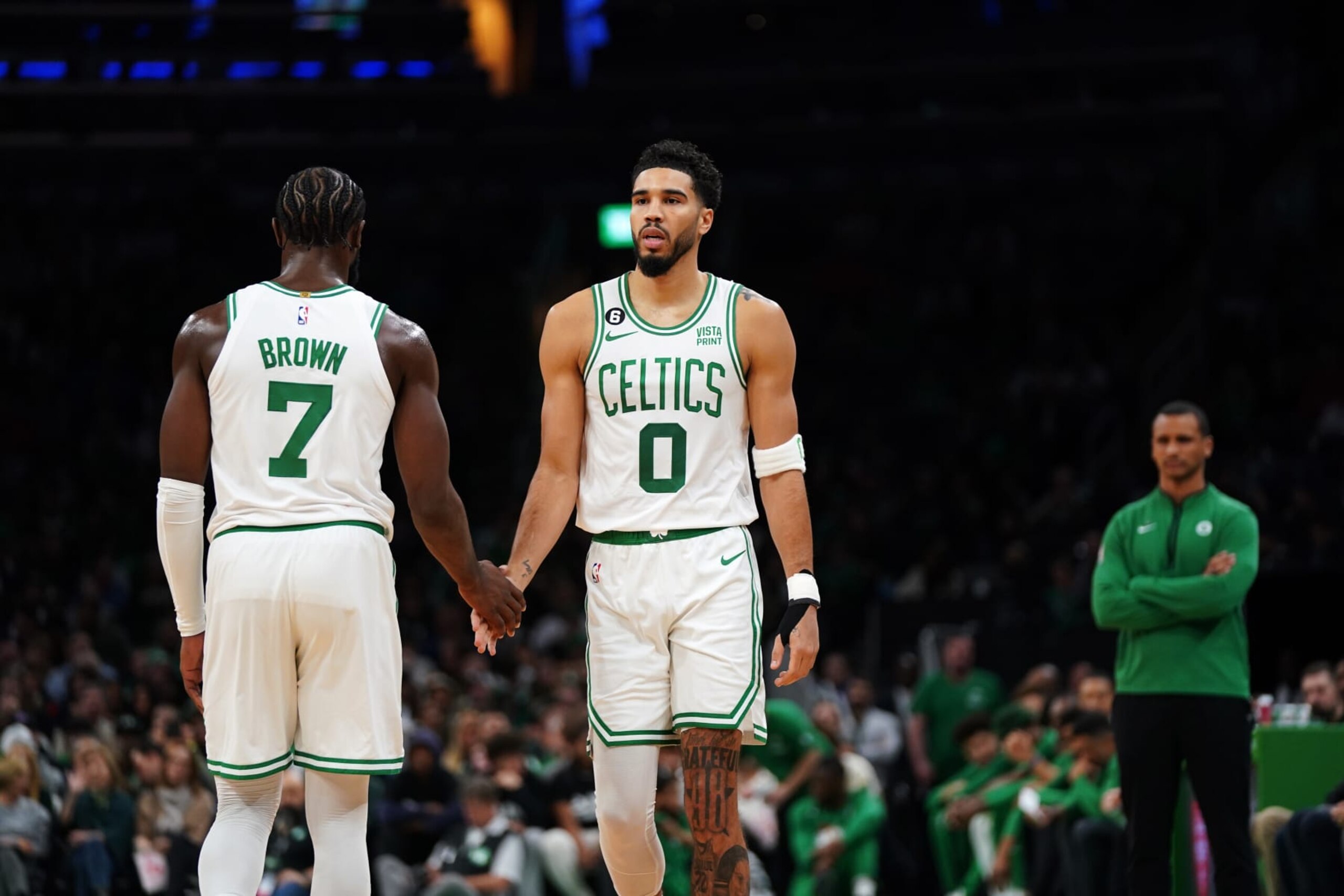 BOSTON, MASSACHUSETTS - NOVEMBER 09: Jayson Tatum #0 of the Boston Celtics low-fives Jaylen Brown #7 of the Boston Celtics as he enters the court during the first quarter of the game against the Detroit Pistons at TD Garden on November 09, 2022 in Boston, Massachusetts. NOTE TO USER: User expressly acknowledges and agrees that, by downloading and or using this photograph, User is consenting to the terms and conditions of the Getty Images License Agreement. (Photo by Omar Rawlings/Getty Images) BOSTON, MASSACHUSETTS - NOVEMBER 09: Jayson Tatum #0 of the Boston Celtics low-fives Jaylen Brown #7 of the Boston Celtics as he enters the court during the first quarter of the game against the Detroit Pistons at TD Garden on November 09, 2022 in Boston, Massachusetts. NOTE TO USER: User expressly acknowledges and agrees that, by downloading and or using this photograph, User is consenting to the terms and conditions of the Getty Images License Agreement. (Photo by Omar Rawlings/Getty Images)