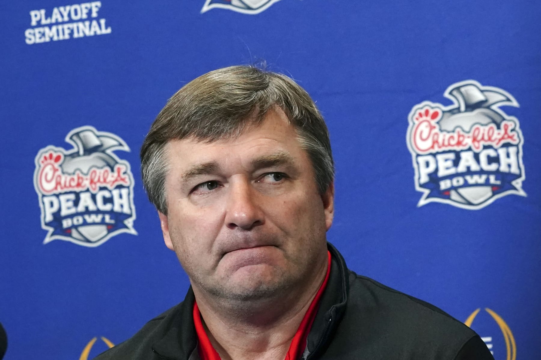 Georgia head coach Kirby Smarts answer questions during media day for the Peach Bowl NCAA college football game against Ohio State Thursday, Dec. 29, 2022, in Atlanta. (AP Photo/John Bazemore)