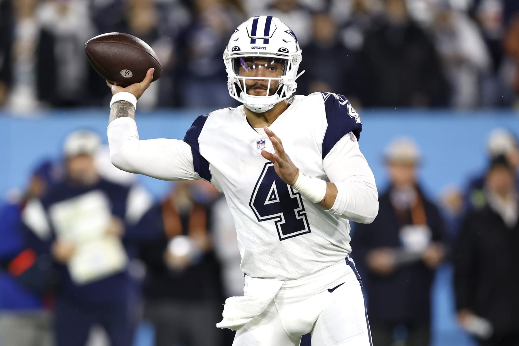 NASHVILLE, TENNESSEE - DECEMBER 29: Dak Prescott #4 of the Dallas Cowboys looks to throw a pass against the Tennessee Titans during the first quarter of the game at Nissan Stadium on December 29, 2022 in Nashville, Tennessee. (Photo by Wesley Hitt/Getty Images)