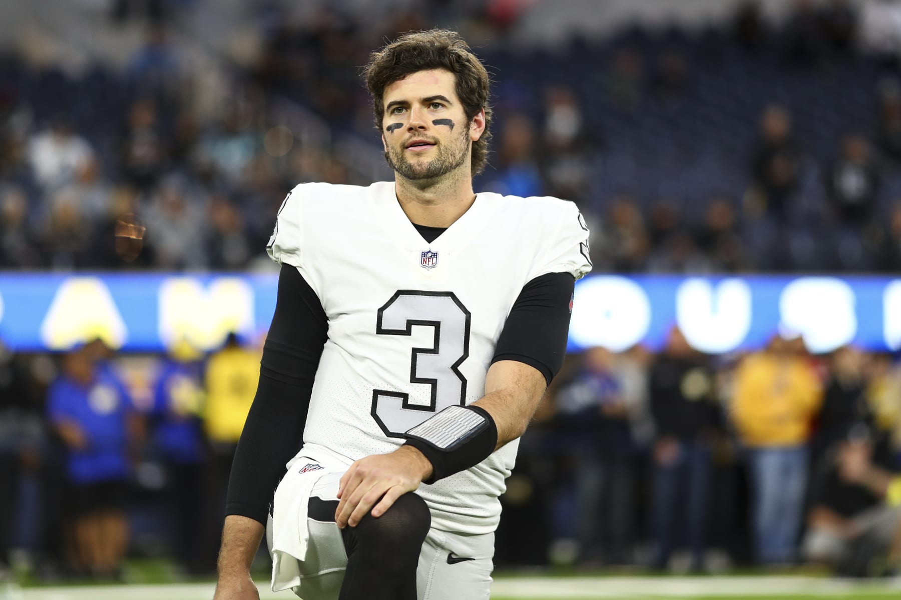 INGLEWOOD, CA - DECEMBER 8: Jarrett Stidham #3 of the Las Vegas Raiders stretches prior to an NFL football game against the Los Angeles Rams at SoFi Stadium on December 8, 2022 in Inglewood, California. (Photo by Kevin Sabitus/Getty Images)