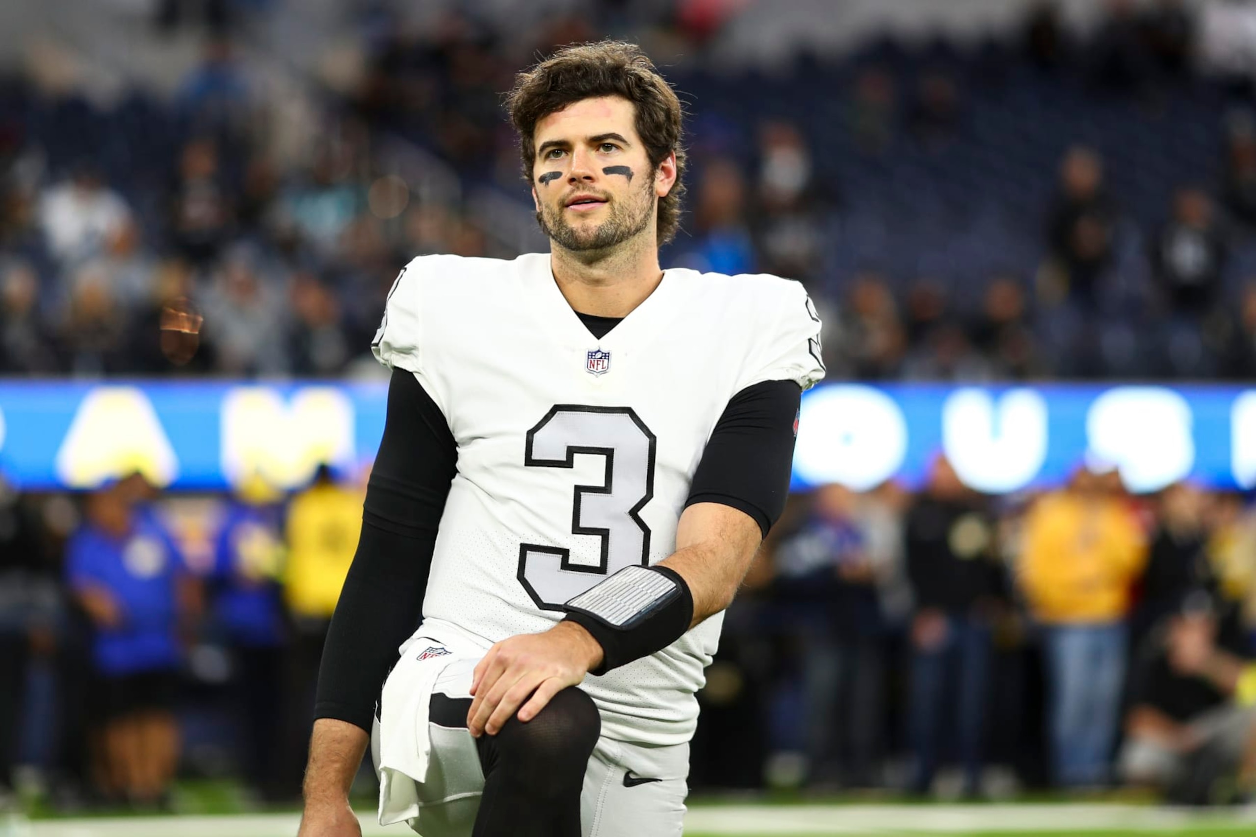 INGLEWOOD, CA - DECEMBER 8: Jarrett Stidham #3 of the Las Vegas Raiders stretches prior to an NFL football game against the Los Angeles Rams at SoFi Stadium on December 8, 2022 in Inglewood, California. (Photo by Kevin Sabitus/Getty Images)