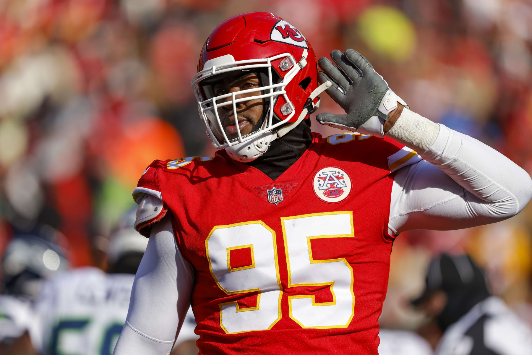 KANSAS CITY, MO - DECEMBER 24: Chris Jones #95 of the Kansas City Chiefs reacts after assisting on a quarterback sack during the second quarter against the Seattle Seahawks at Arrowhead Stadium on December 24, 2022 in Kansas City, Missouri. (Photo by David Eulitt/Getty Images)